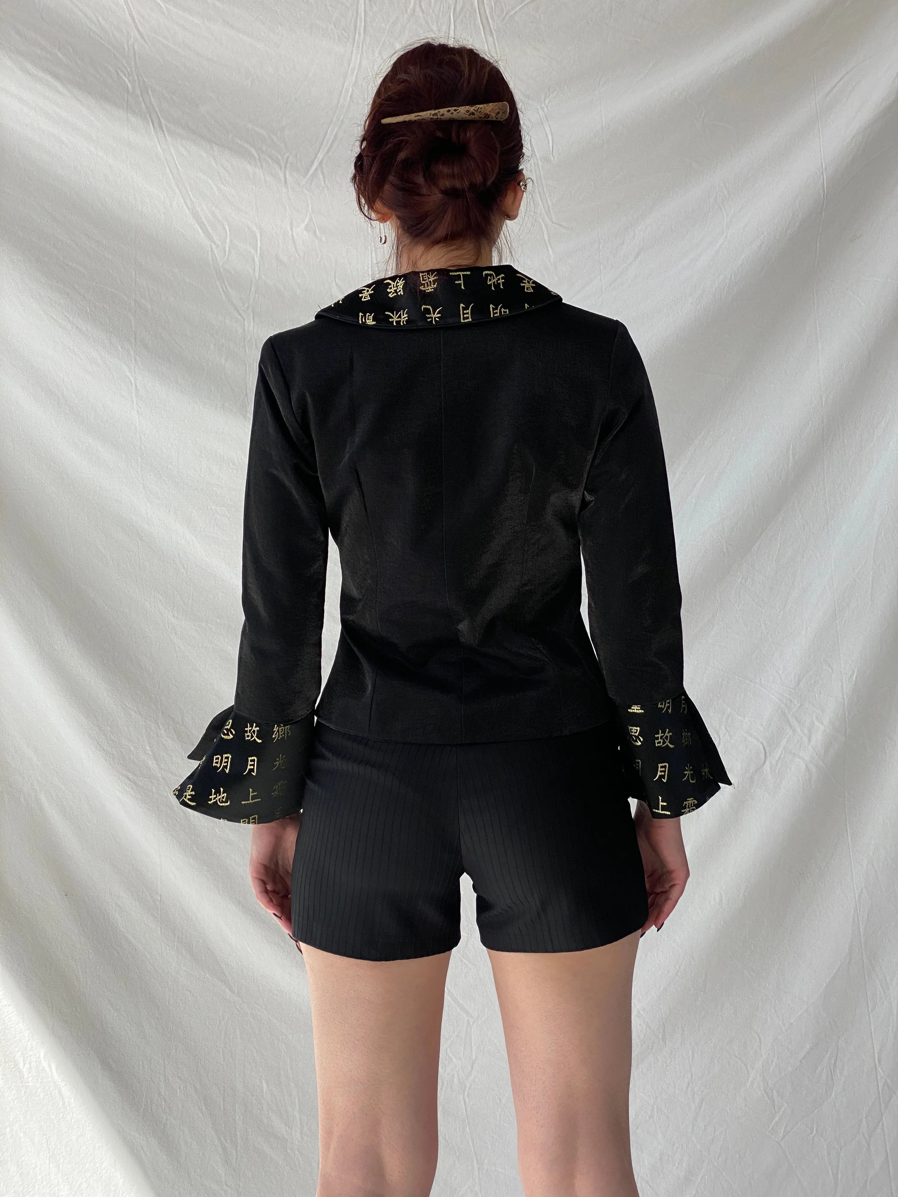 Vintage Mondial Mode Silk Blend Black Yellow Chinese Letters Brocade Jacket - S - Balagan Vintage Jacket 90s, Ayah, floral embroidery, full sleeve blazer, jacket, NEW IN