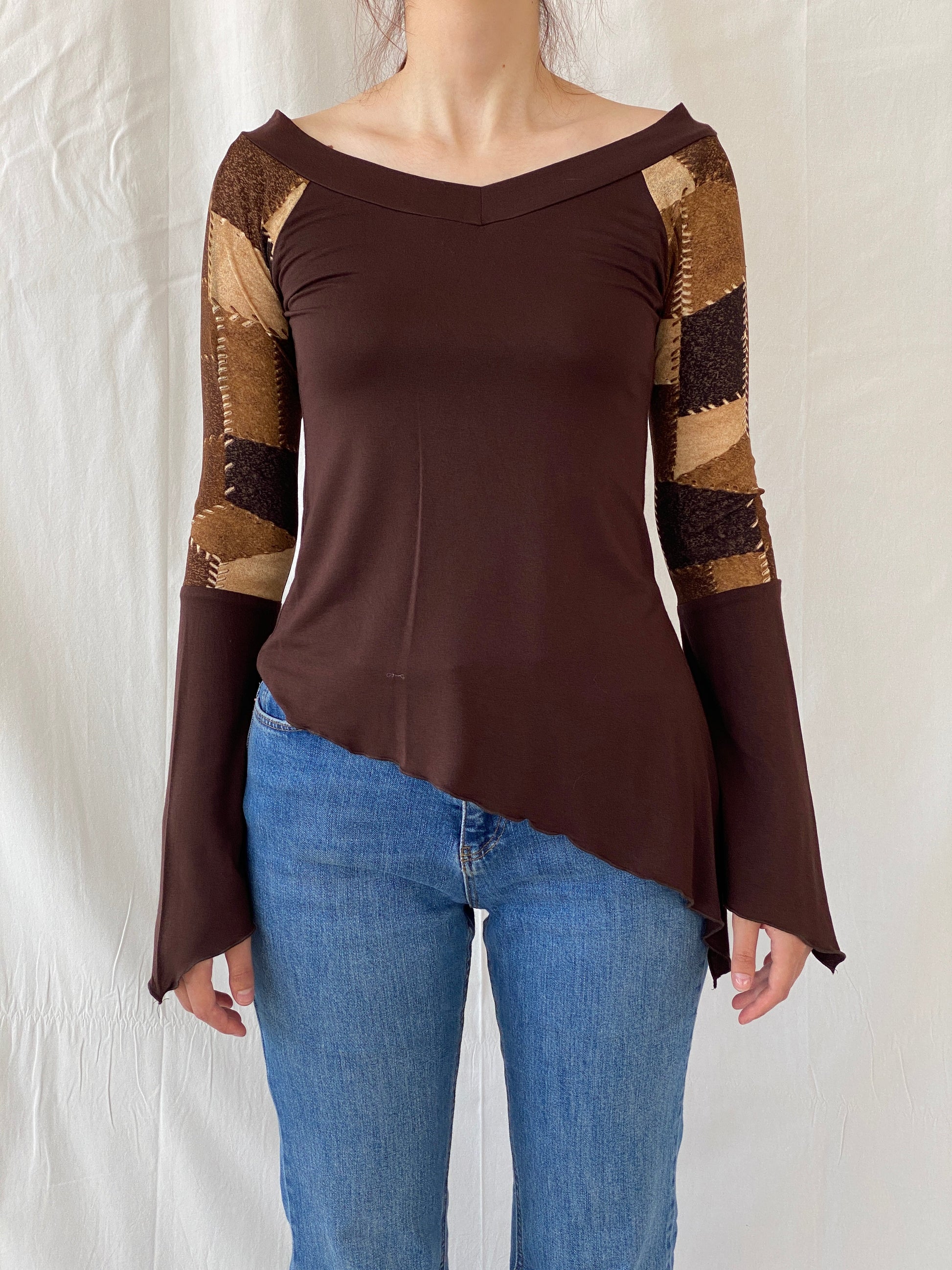 Vintage Natasiana Brown Flared Long Sleeve Asymmetric Women’s Top - S - Balagan Vintage Full Sleeve Top 00s, Ayah, summer, women top