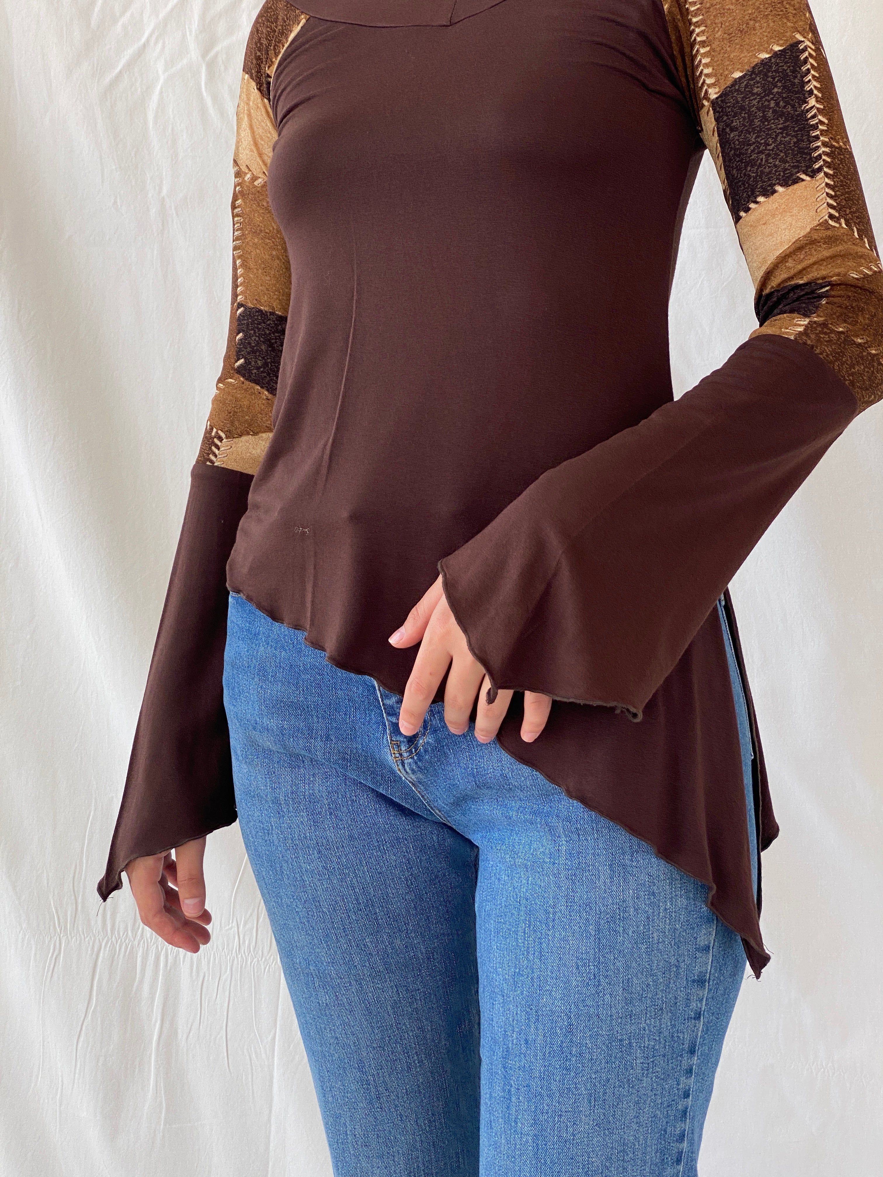 Vintage Natasiana Brown Flared Long Sleeve Asymmetric Women’s Top - S - Balagan Vintage Full Sleeve Top 00s, Ayah, summer, women top