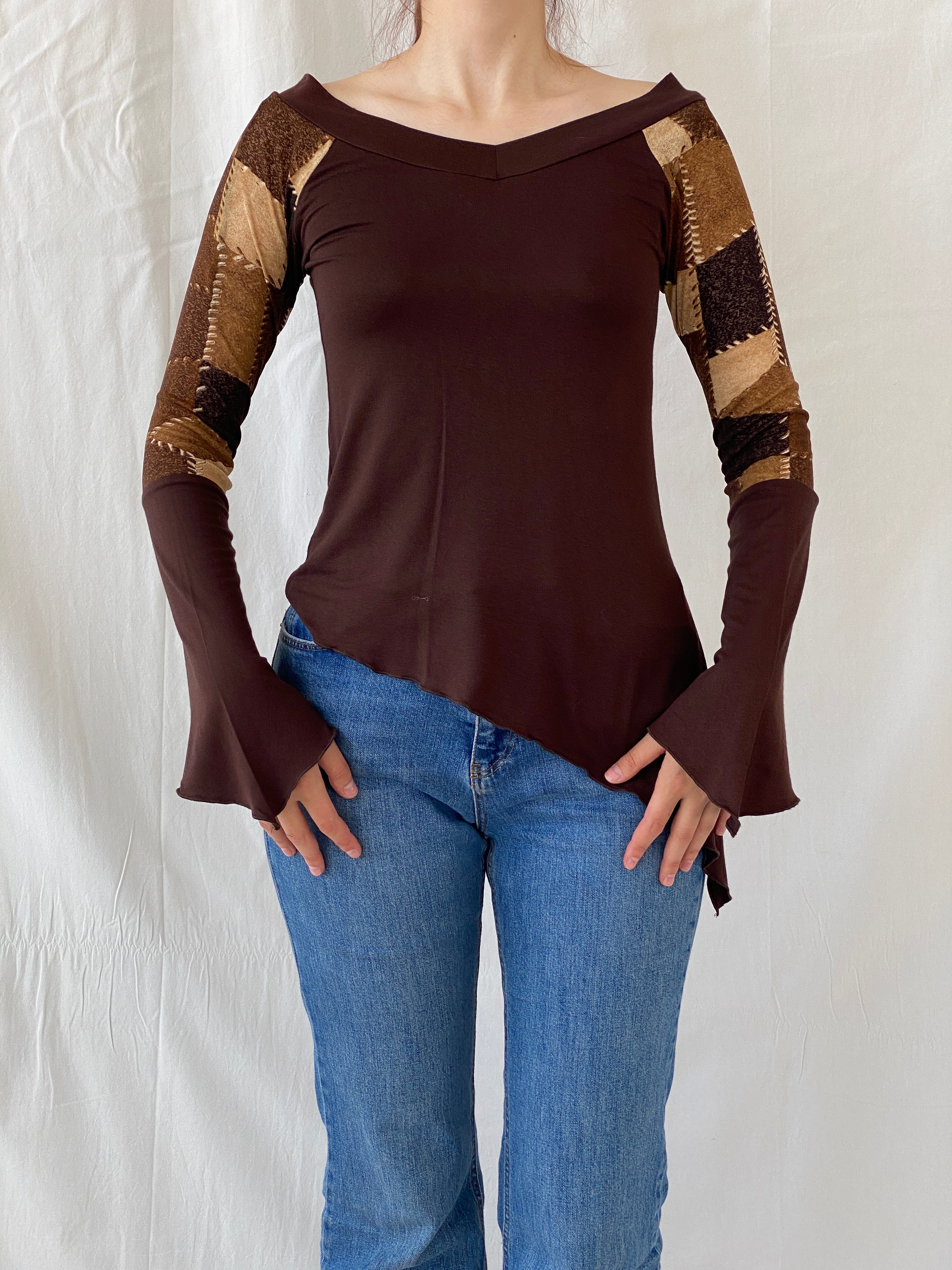 Vintage Natasiana Brown Flared Long Sleeve Asymmetric Women’s Top - S - Balagan Vintage Full Sleeve Top 00s, Ayah, summer, women top