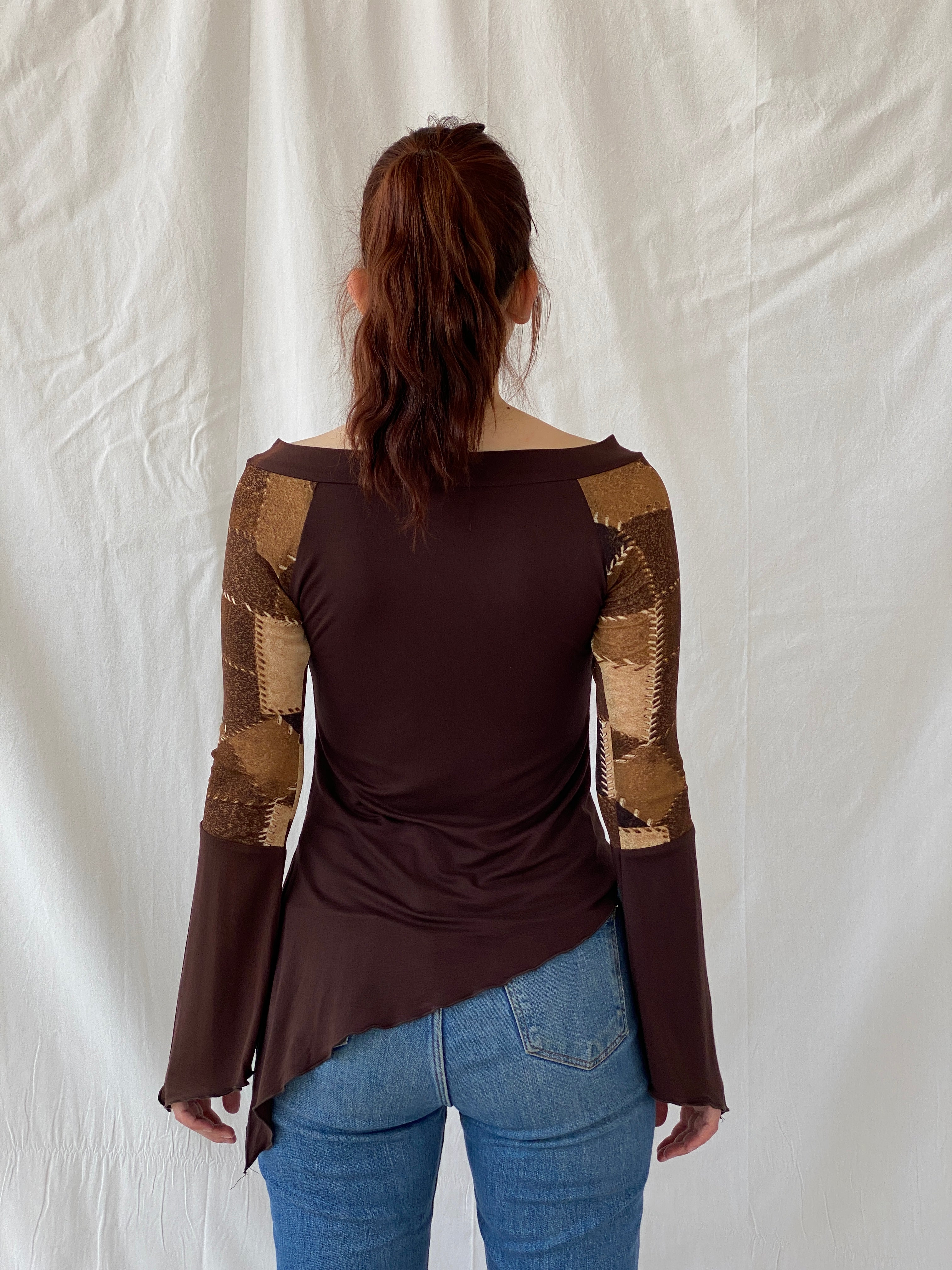 Vintage Natasiana Brown Flared Long Sleeve Asymmetric Women’s Top - S - Balagan Vintage Full Sleeve Top 00s, Ayah, summer, women top