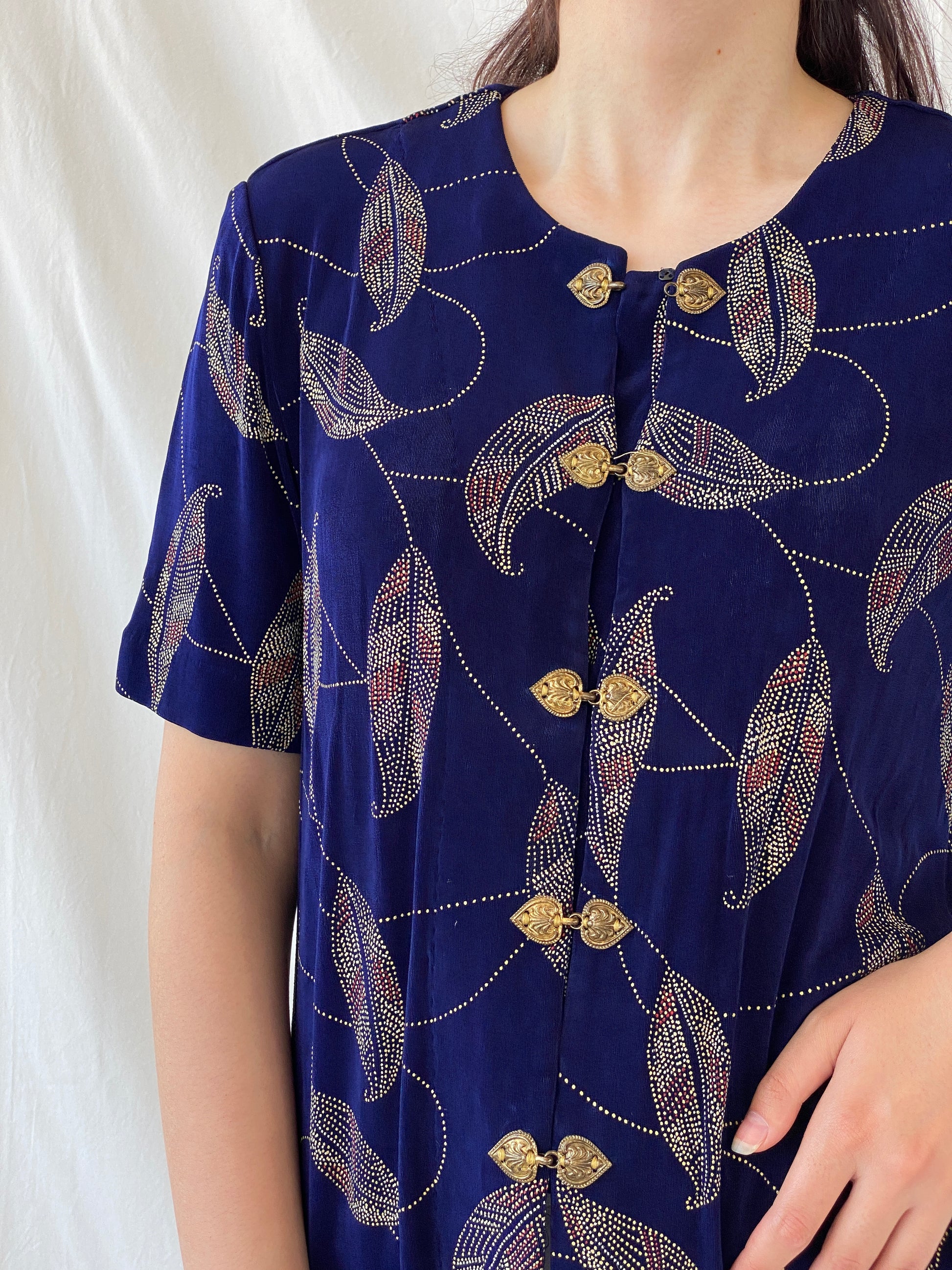 Vintage Navy Blue Gold Leaf Print Cardigan Blouse with Ornate Bronze Clasp Closures - L - Balagan Vintage Half Sleeve Shirt 00s, Ayah, cardigan, Coquette, Cottage core, half sleeve shirt, NEW IN, shirt, women shirt