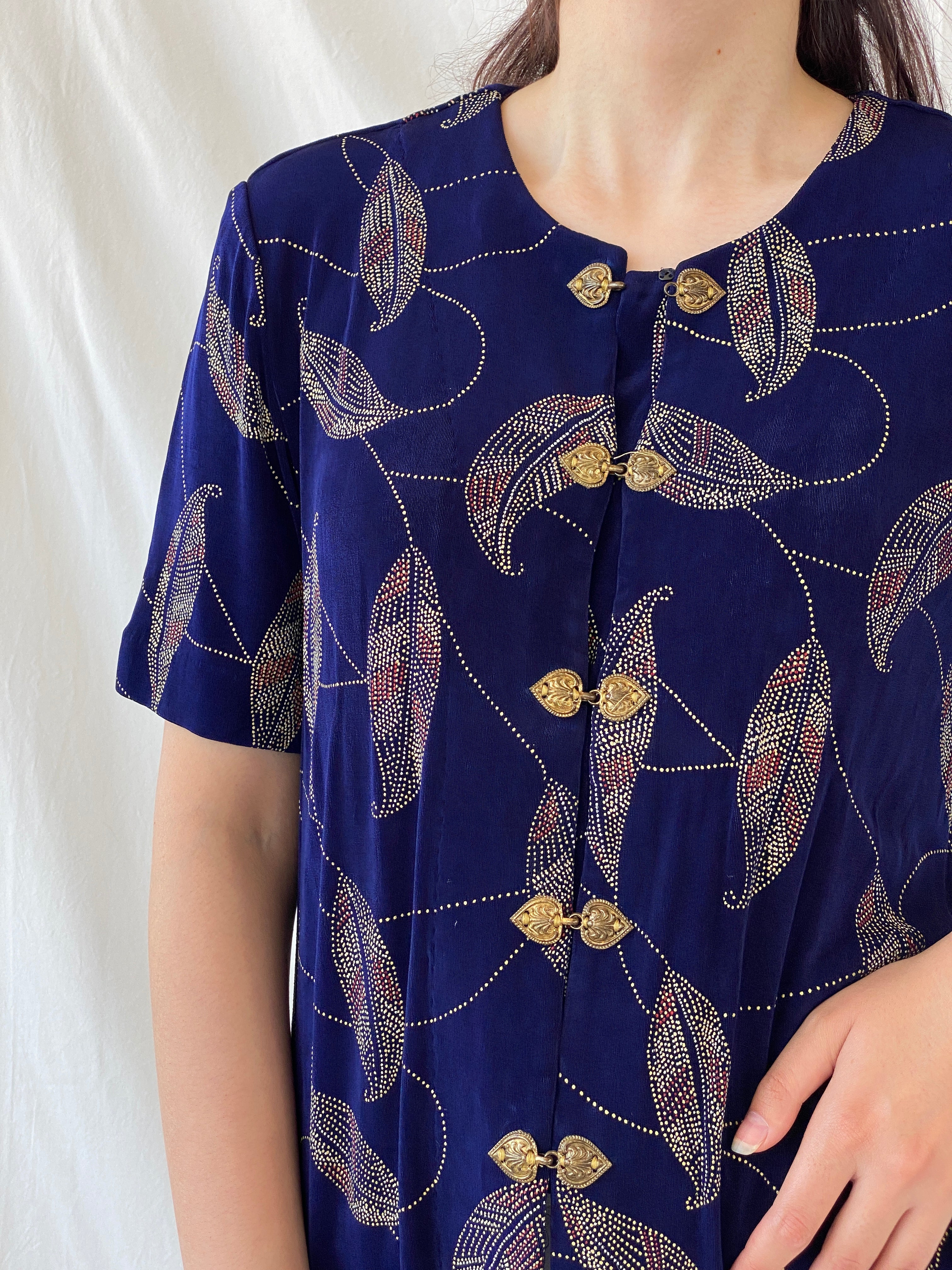 Vintage Navy Blue Gold Leaf Print Cardigan Blouse with Ornate Bronze Clasp Closures - L - Balagan Vintage Half Sleeve Shirt 00s, Ayah, cardigan, Coquette, Cottage core, half sleeve shirt, NEW IN, shirt, women shirt