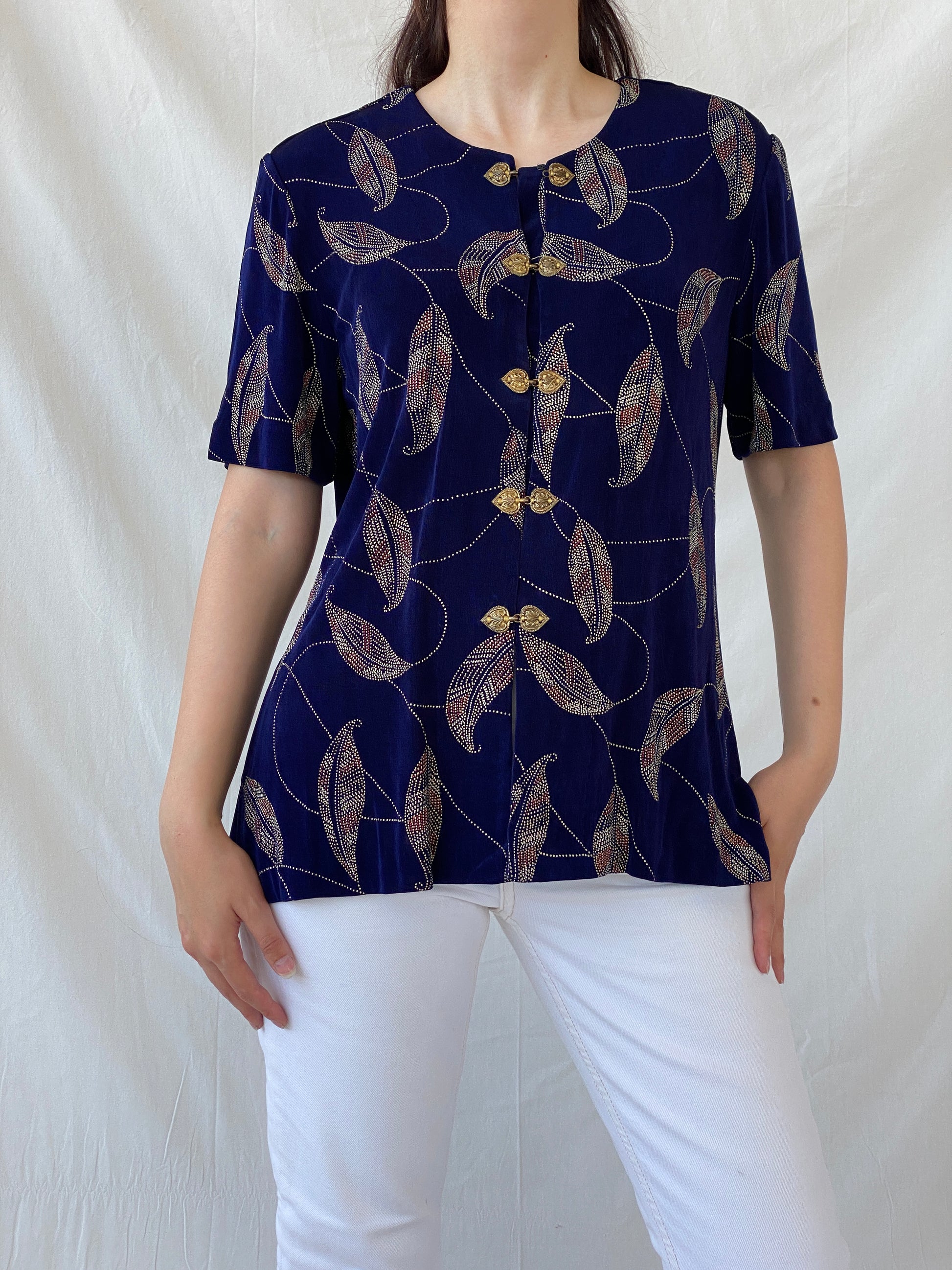 Vintage Navy Blue Gold Leaf Print Cardigan Blouse with Ornate Bronze Clasp Closures - L - Balagan Vintage Half Sleeve Shirt 00s, Ayah, cardigan, Coquette, Cottage core, half sleeve shirt, NEW IN, shirt, women shirt