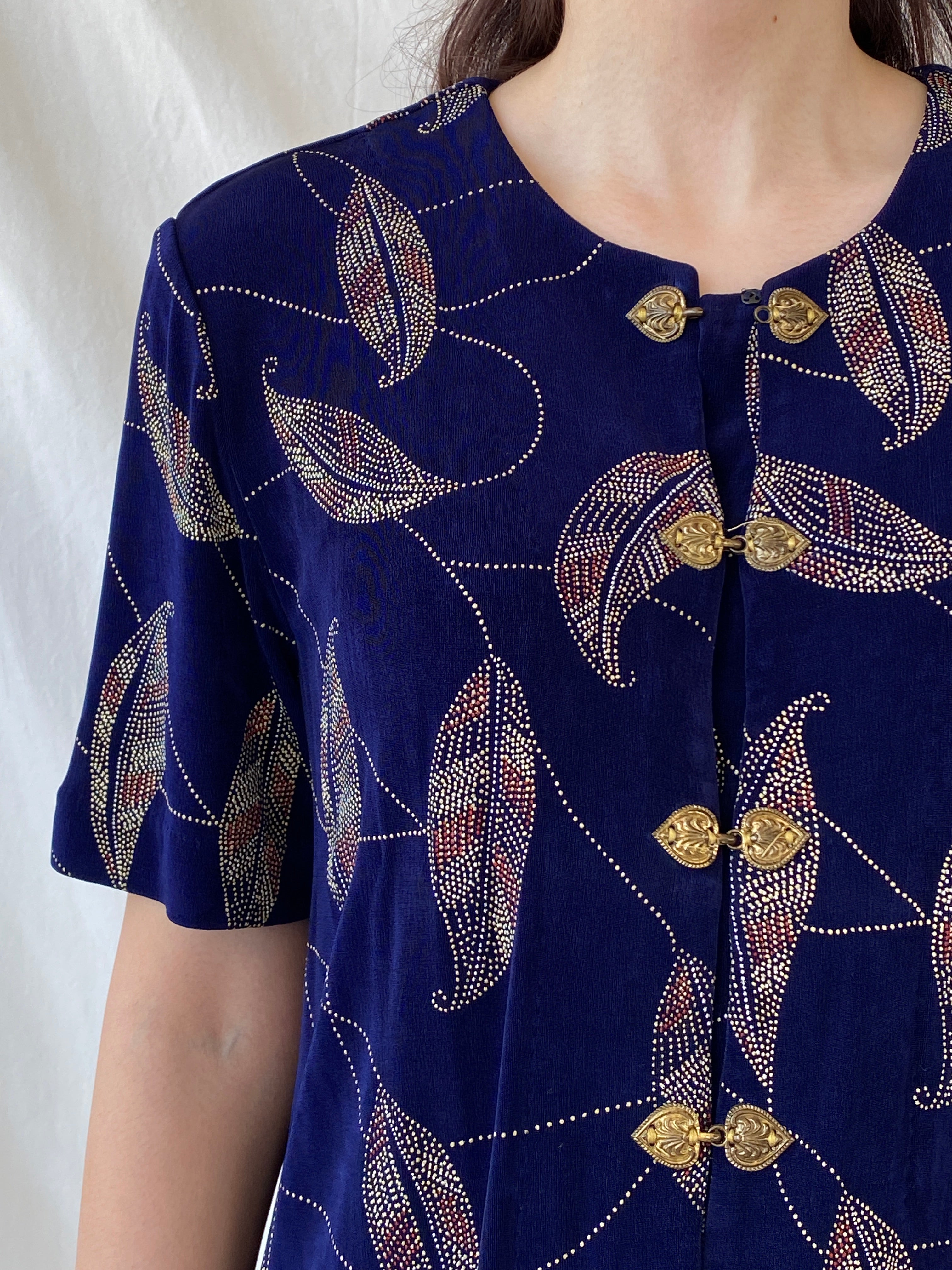 Vintage Navy Blue Gold Leaf Print Cardigan Blouse with Ornate Bronze Clasp Closures - L - Balagan Vintage Half Sleeve Shirt 00s, Ayah, cardigan, Coquette, Cottage core, half sleeve shirt, NEW IN, shirt, women shirt