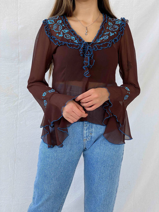 Vintage NDEH Floral Embroidered Sheer Top - Balagan Vintage Mesh Top Deals, floral mesh, full sleeve top, mesh top, Mira