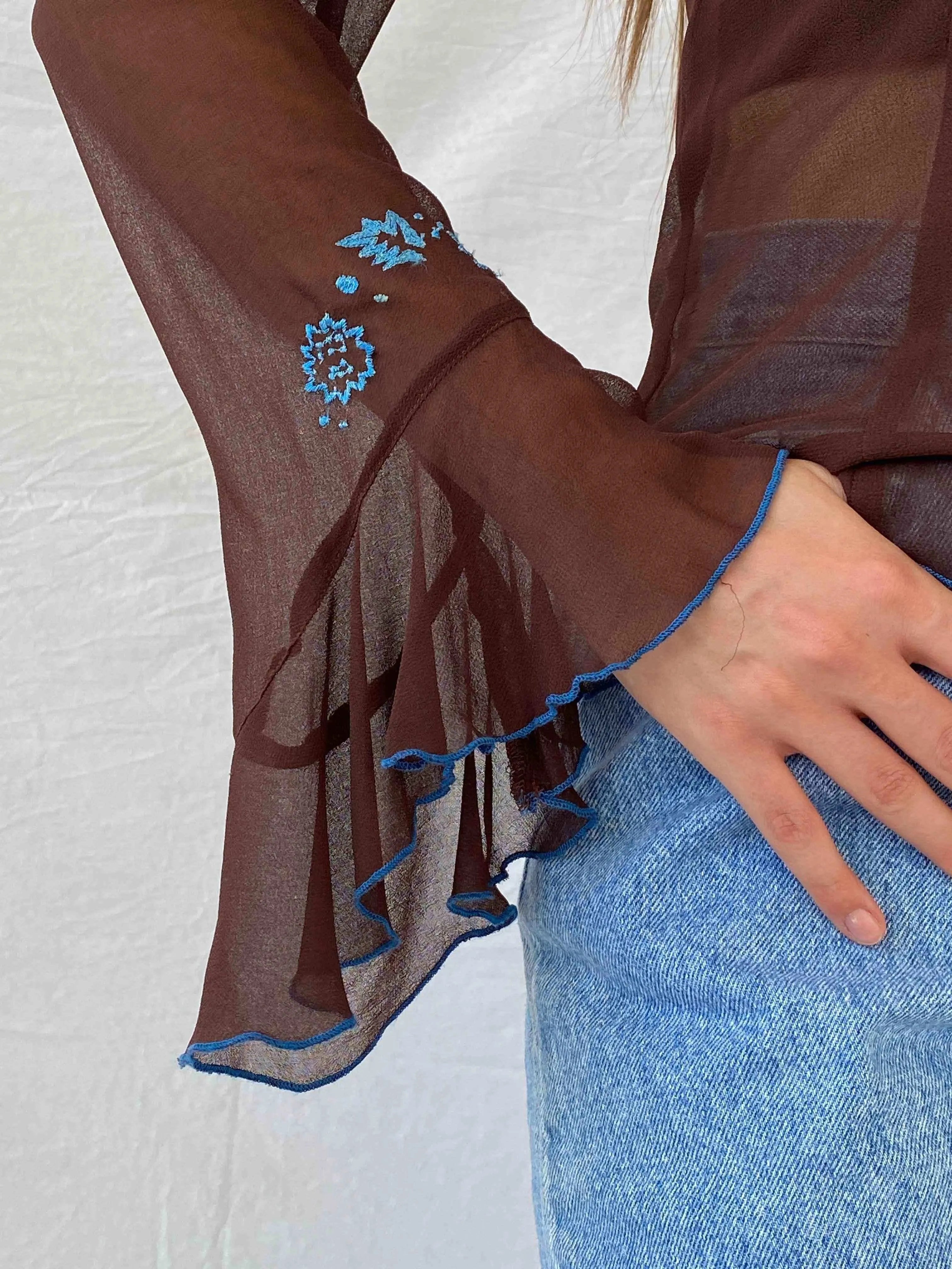 Vintage NDEH Floral Embroidered Sheer Top - Balagan Vintage Mesh Top Deals, floral mesh, full sleeve top, mesh top, Mira