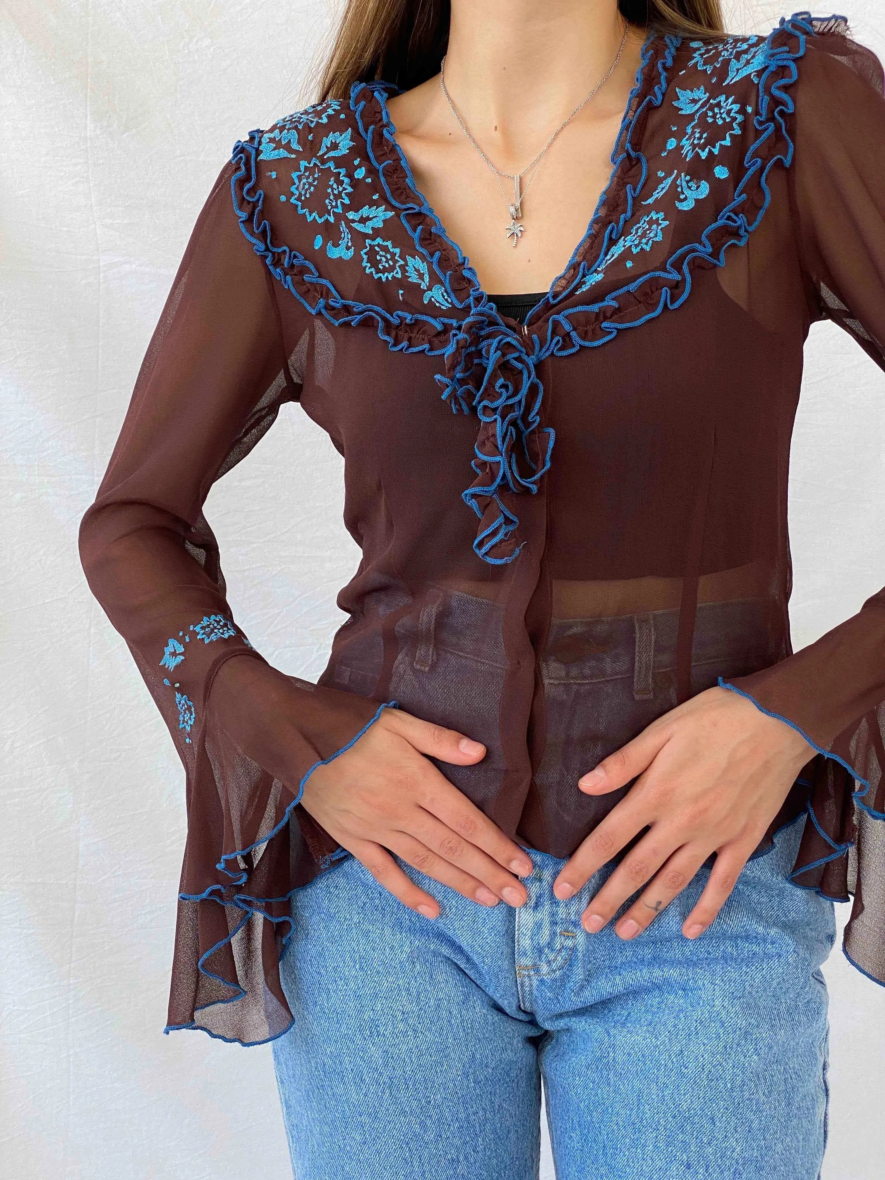 Vintage NDEH Floral Embroidered Sheer Top - Balagan Vintage Mesh Top Deals, floral mesh, full sleeve top, mesh top, Mira
