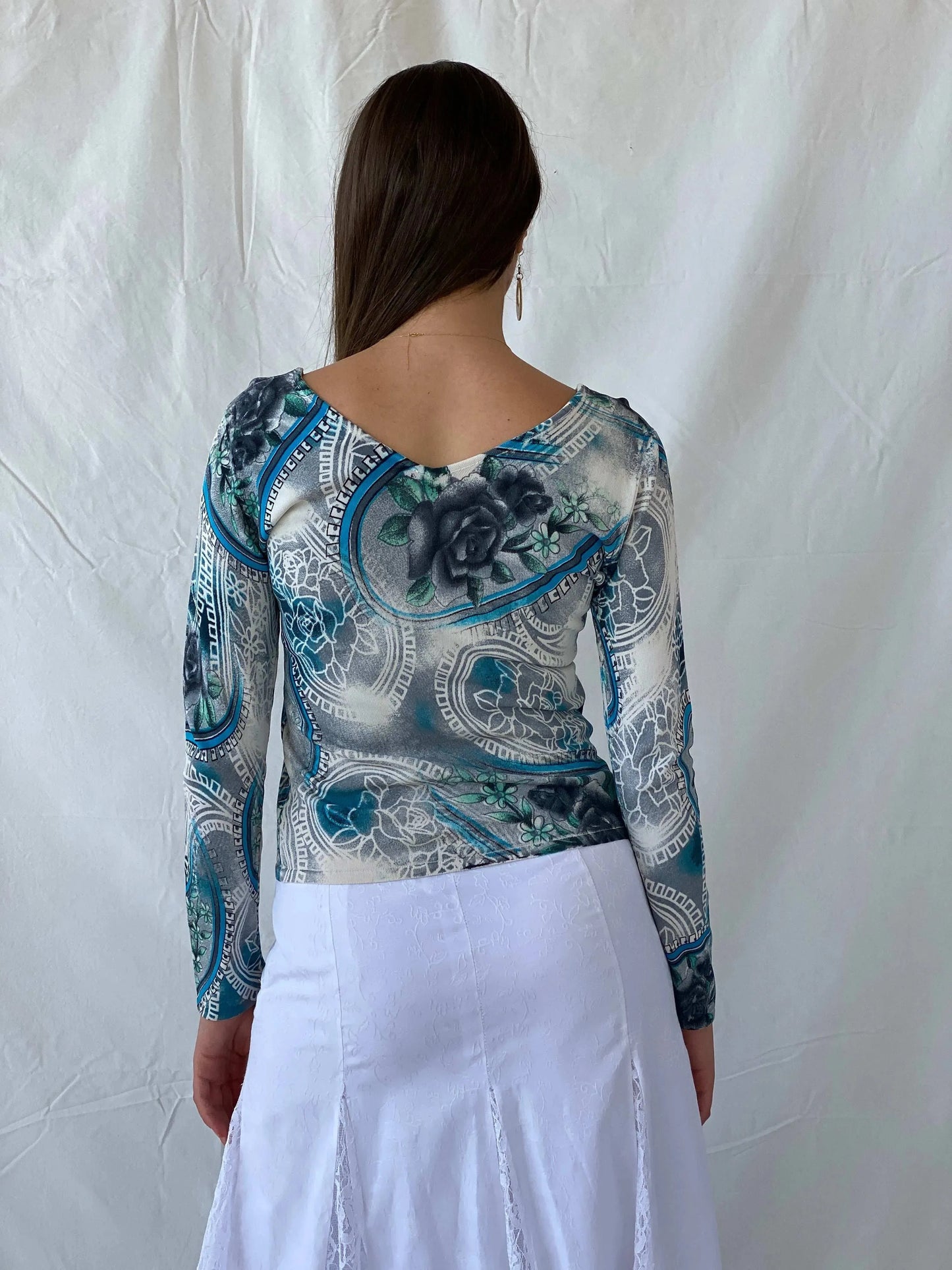 Vintage New Sensation Beaded Blue Floral Long Sleeve Top - L - Balagan Vintage Full Sleeve Top 90s, Deals, floral, floral print, floral top, Mira, women top