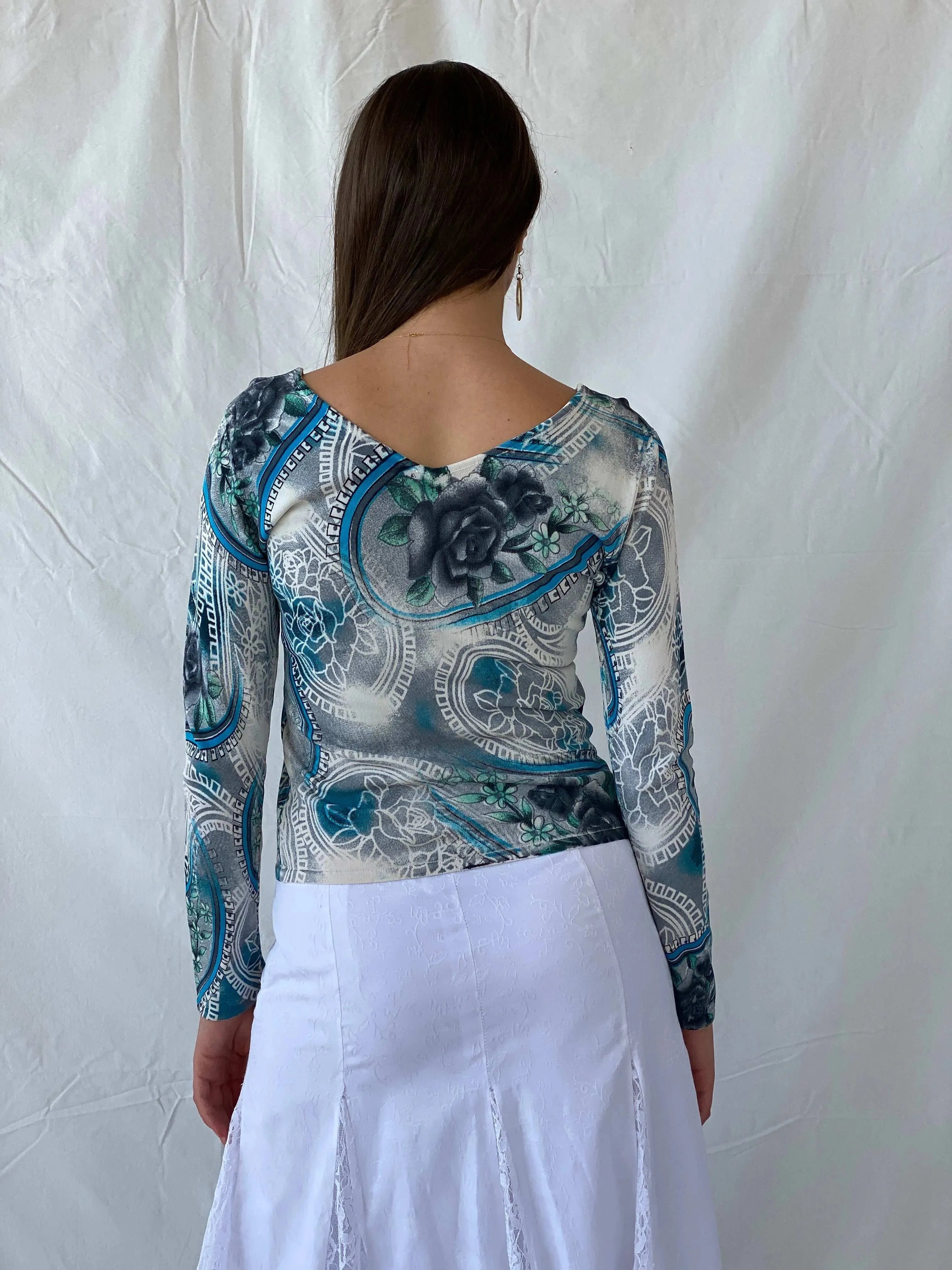 Vintage New Sensation Beaded Blue Floral Long Sleeve Top - L - Balagan Vintage Full Sleeve Top 90s, Deals, floral, floral print, floral top, Mira, women top