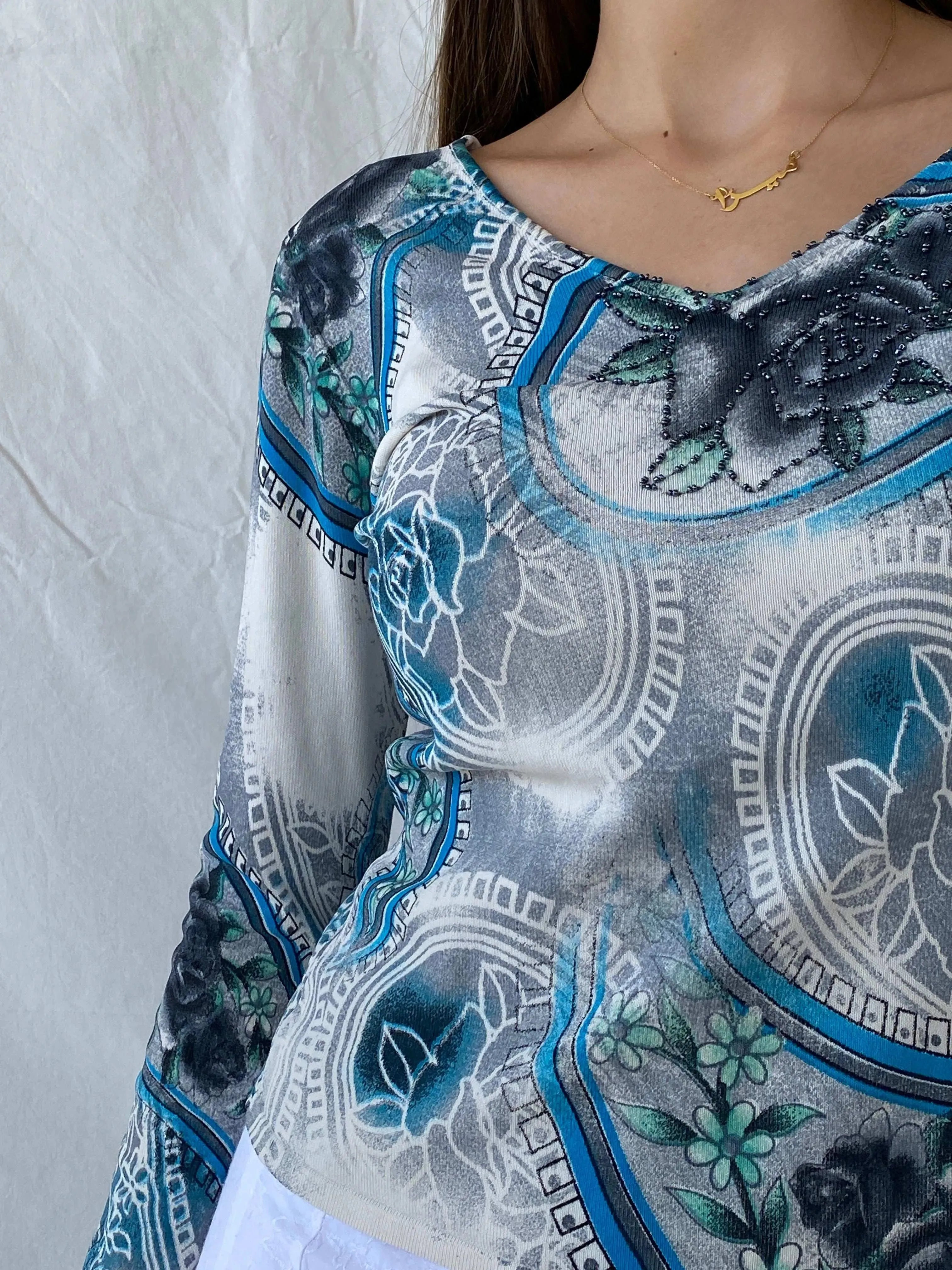 Vintage New Sensation Beaded Blue Floral Long Sleeve Top - L - Balagan Vintage Full Sleeve Top 90s, Deals, floral, floral print, floral top, Mira, women top