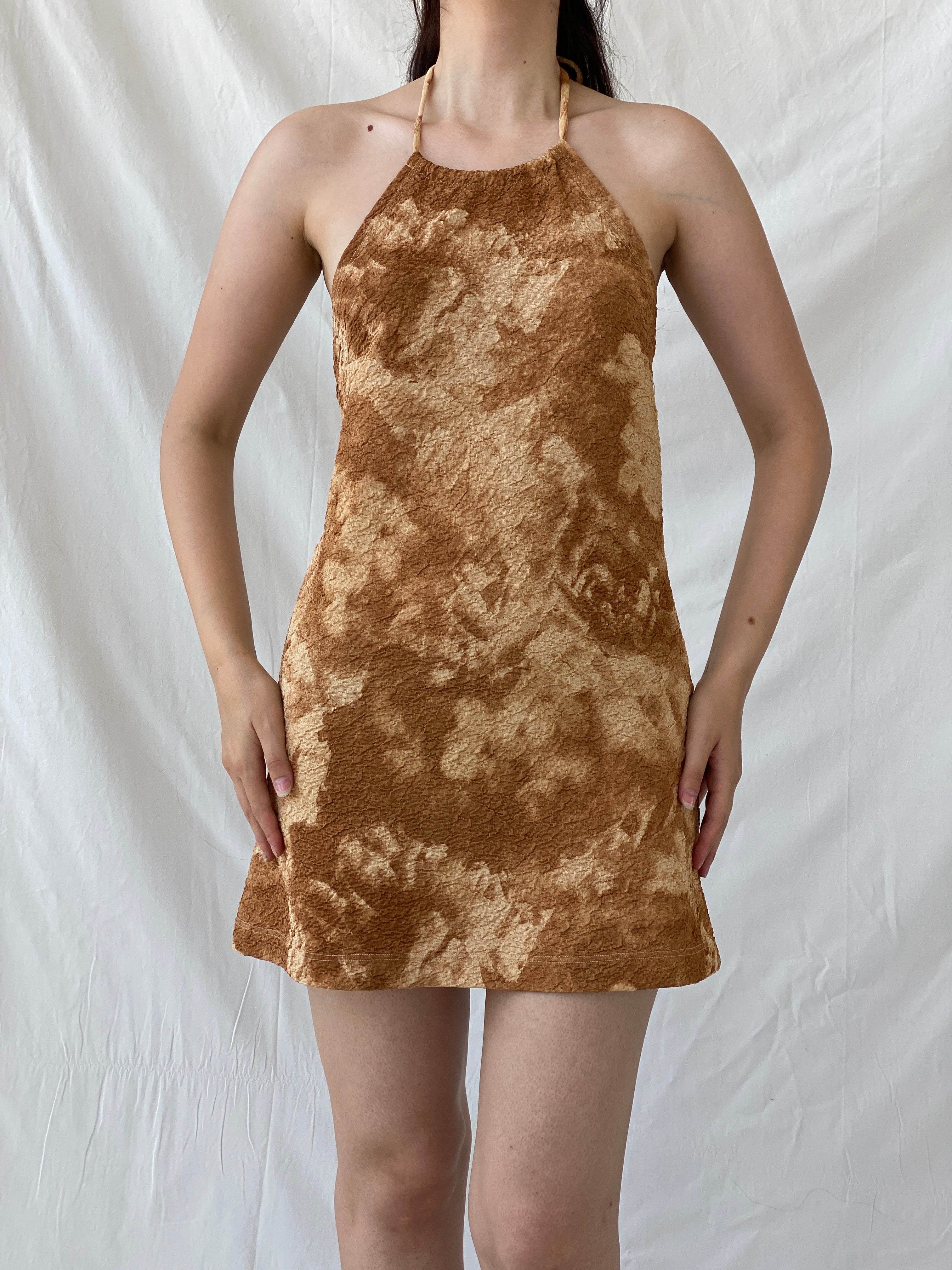 Vintage NICONETTI by Nina’s Fashion Brown Tie-dye Mini Textured Halter Dress - M - Balagan Vintage Midi Dress 90s dress, Ayah, dress, Halter Dress, midi dress, NEW IN, silk, summer dress