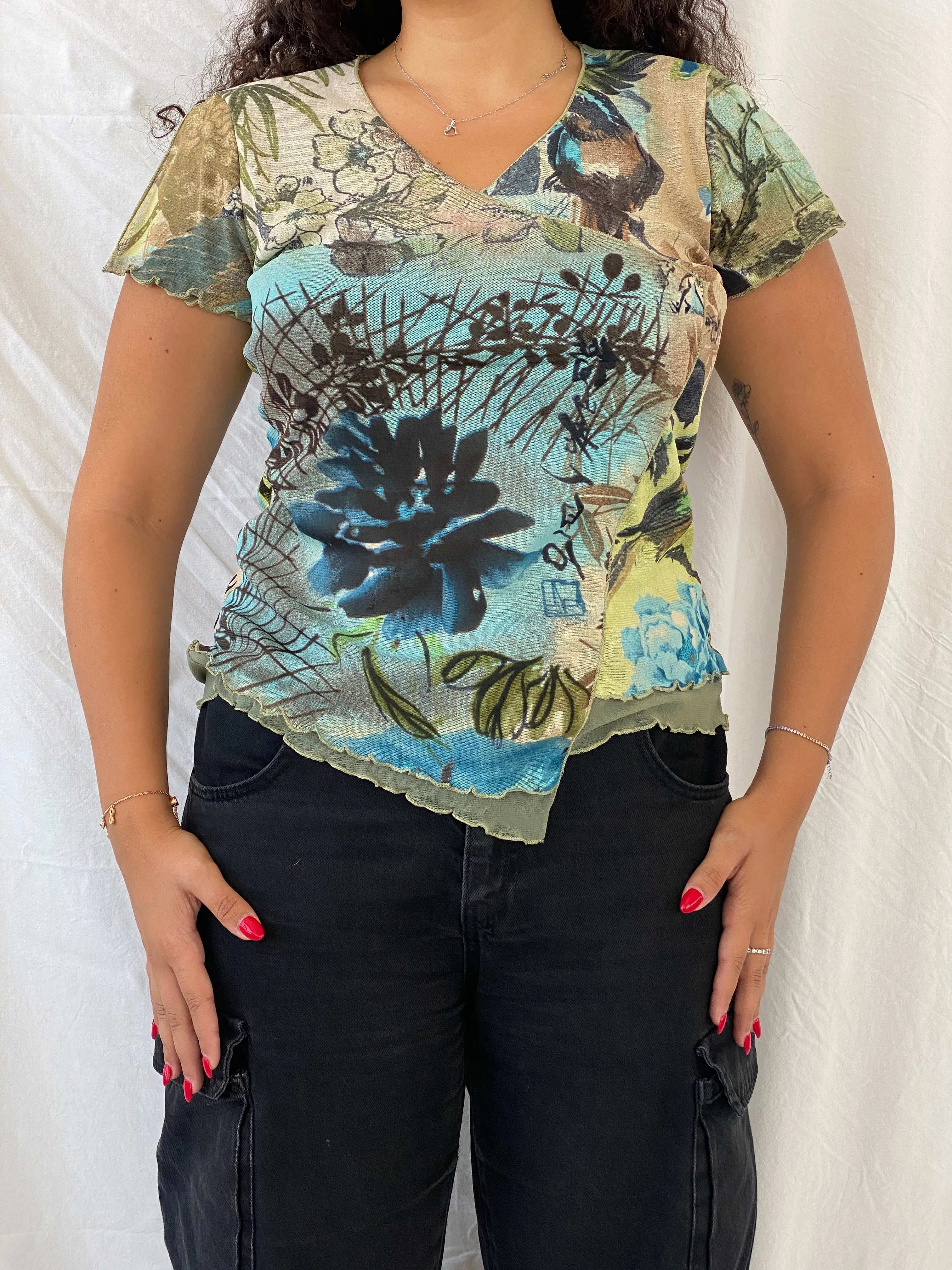 Vintage Nina Kalio Floral Green Mesh Top Size XL - Balagan Vintage Half Sleeve Top 00s, 90s, Dina, floral mesh, floral top, mesh