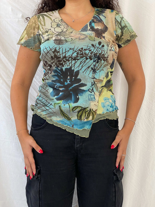 Vintage Nina Kalio Floral Green Mesh Top Size XL - Balagan Vintage Half Sleeve Top 00s, 90s, Dina, floral mesh, floral top, mesh