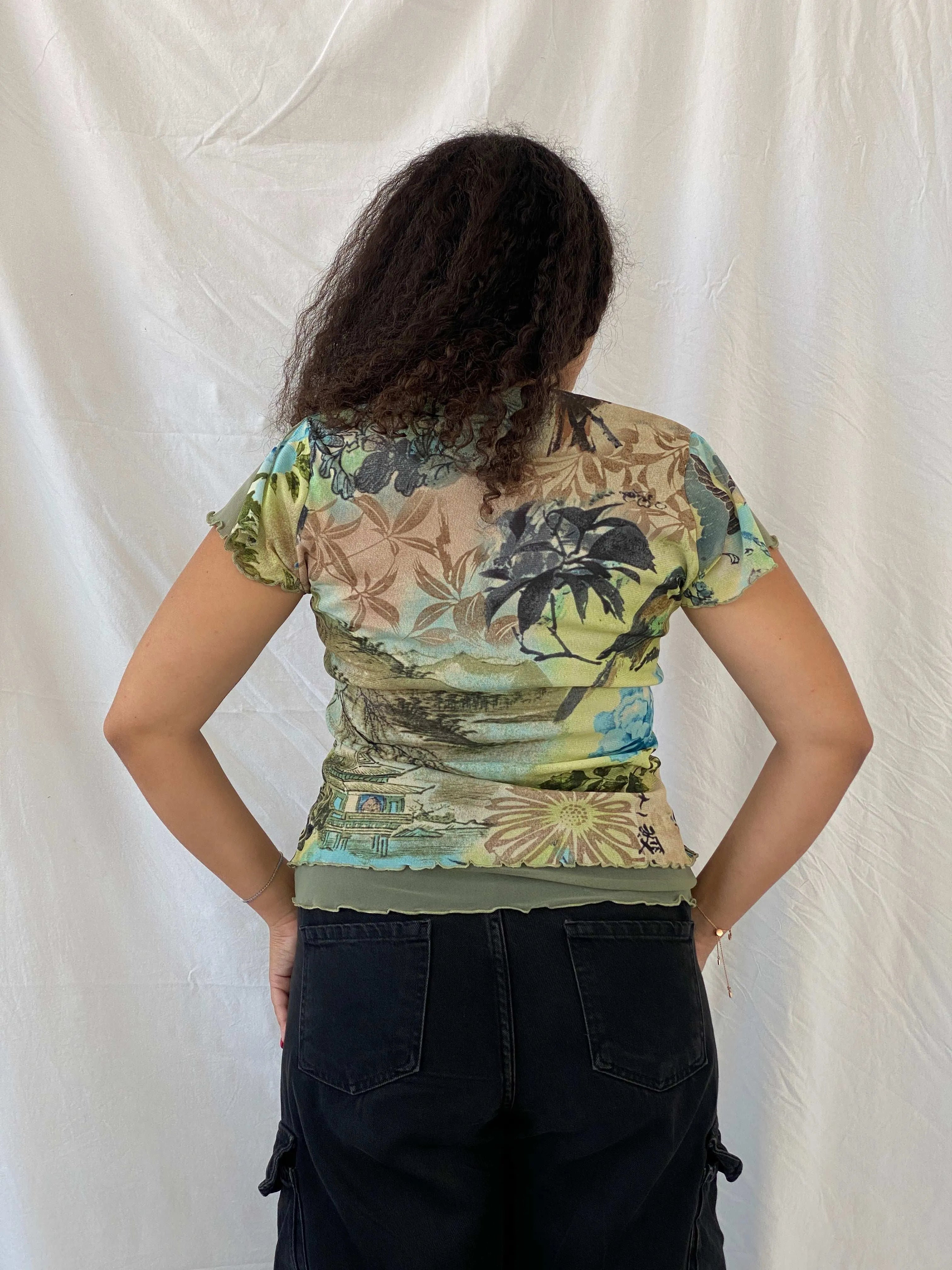 Vintage Nina Kalio Floral Green Mesh Top Size XL - Balagan Vintage Half Sleeve Top 00s, 90s, Dina, floral mesh, floral top, mesh