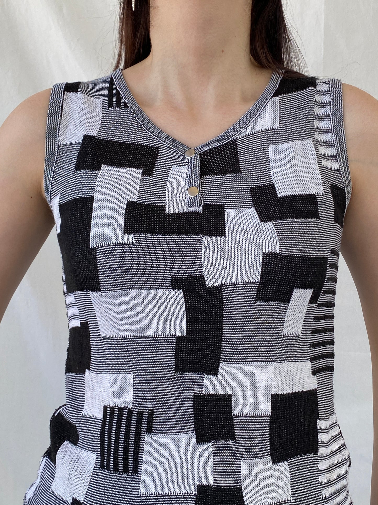 Vintage Nisan Triko Black White Geometric Knitted Cotton Tank Top - S - Balagan Vintage Sleeveless Top 00s, Ayah, NEW IN, summer, women top