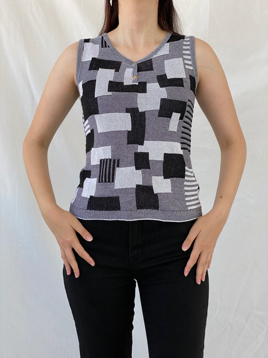Vintage Nisan Triko Black White Geometric Knitted Cotton Tank Top - S - Balagan Vintage Sleeveless Top 00s, Ayah, NEW IN, summer, women top
