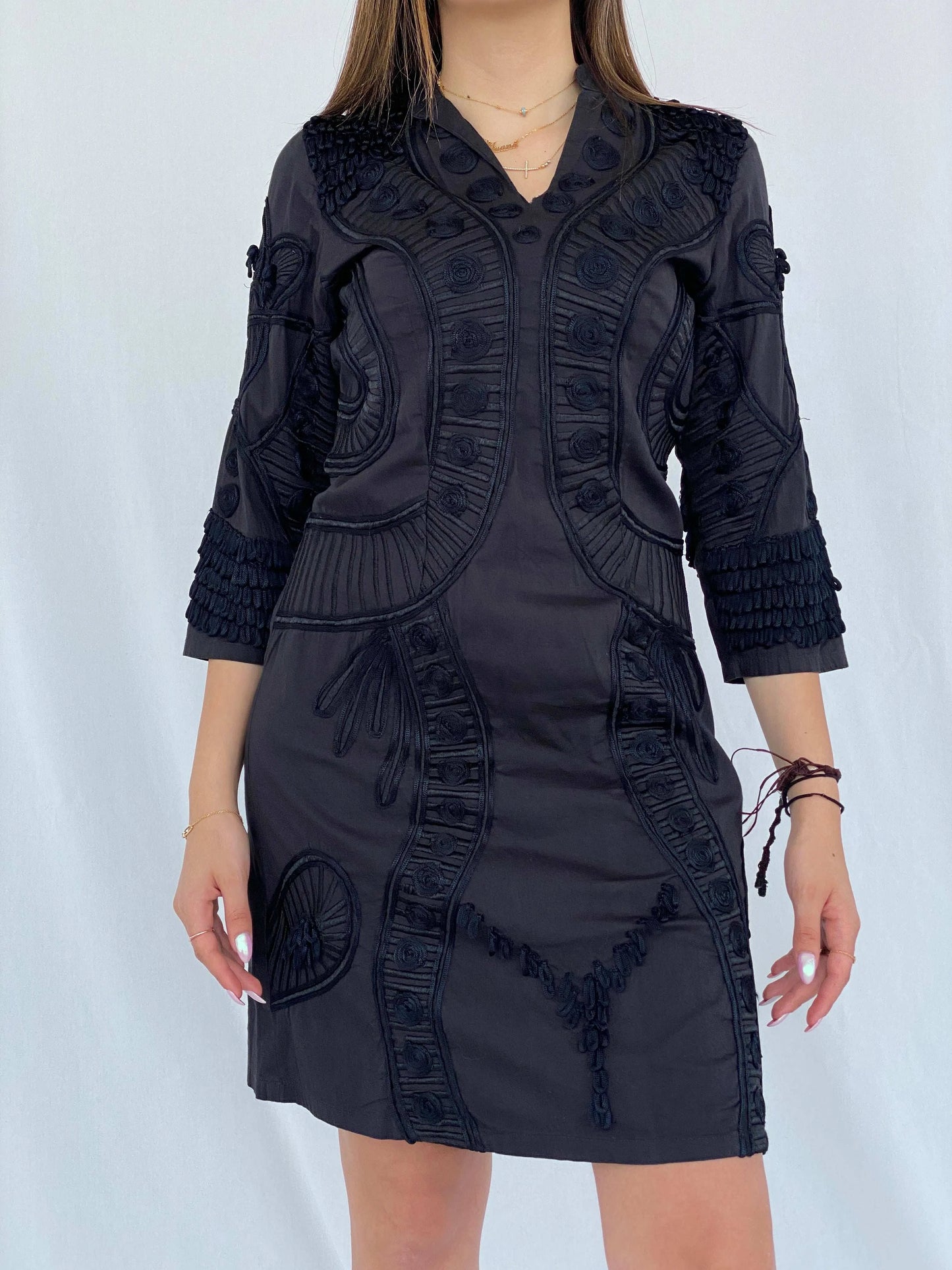 Vintage Niza Moda Bohemian 3/4 Sleeve Black Midi Dress Size M - Balagan Vintage Midi Dress 90s, black dress, Deals, dress, Juana, midi dress