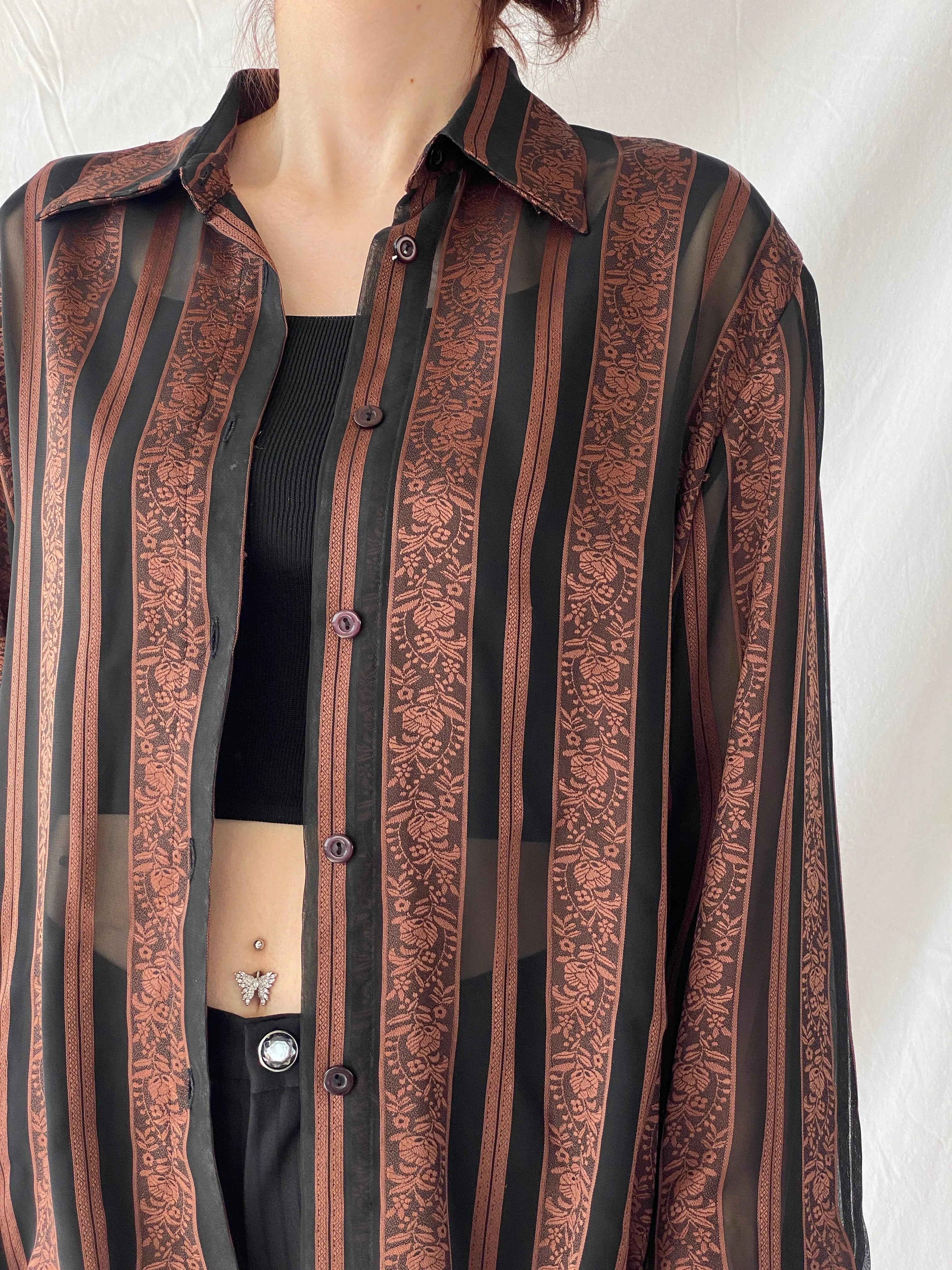 Vintage Noble Pretty Brown Floral Striped Sheer Long Sleeve Women’s Button Shirt - M - Balagan Vintage Full sleeve Shirt 00s, Ayah, consignment, floral shirt, full sleeve shirt, shirt, Tojan, Top, women shirt, women top