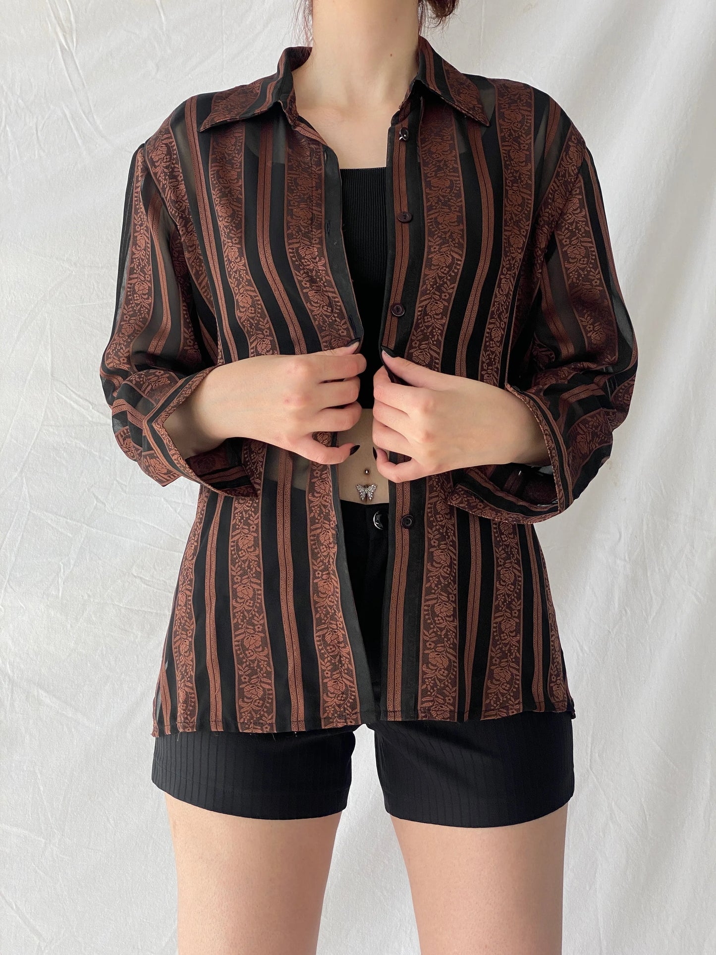 Vintage Noble Pretty Brown Floral Striped Sheer Long Sleeve Women’s Button Shirt - M - Balagan Vintage Full sleeve Shirt 00s, Ayah, consignment, floral shirt, full sleeve shirt, shirt, Tojan, Top, women shirt, women top