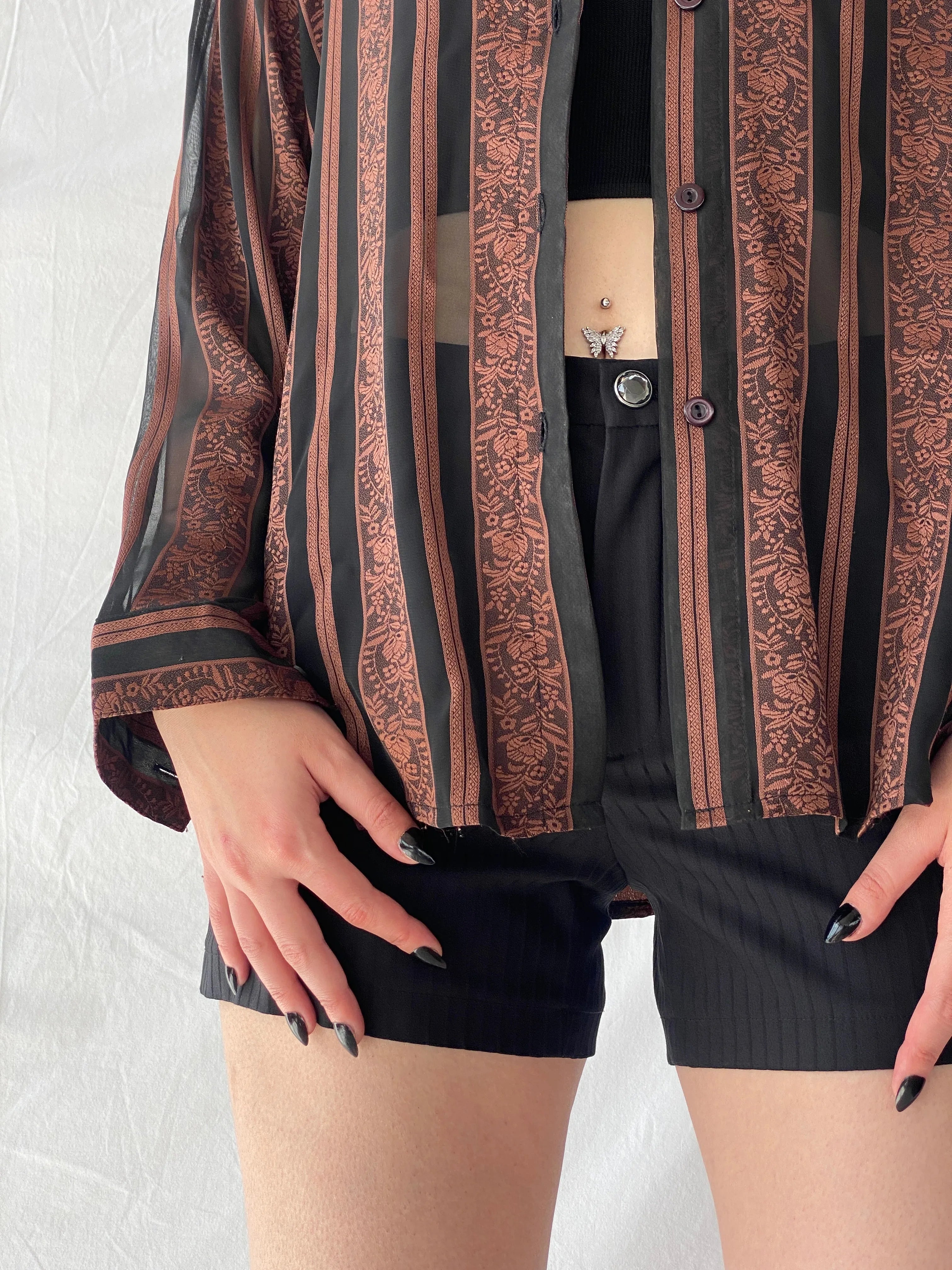 Vintage Noble Pretty Brown Floral Striped Sheer Long Sleeve Women’s Button Shirt - M - Balagan Vintage Full sleeve Shirt 00s, Ayah, consignment, floral shirt, full sleeve shirt, shirt, Tojan, Top, women shirt, women top