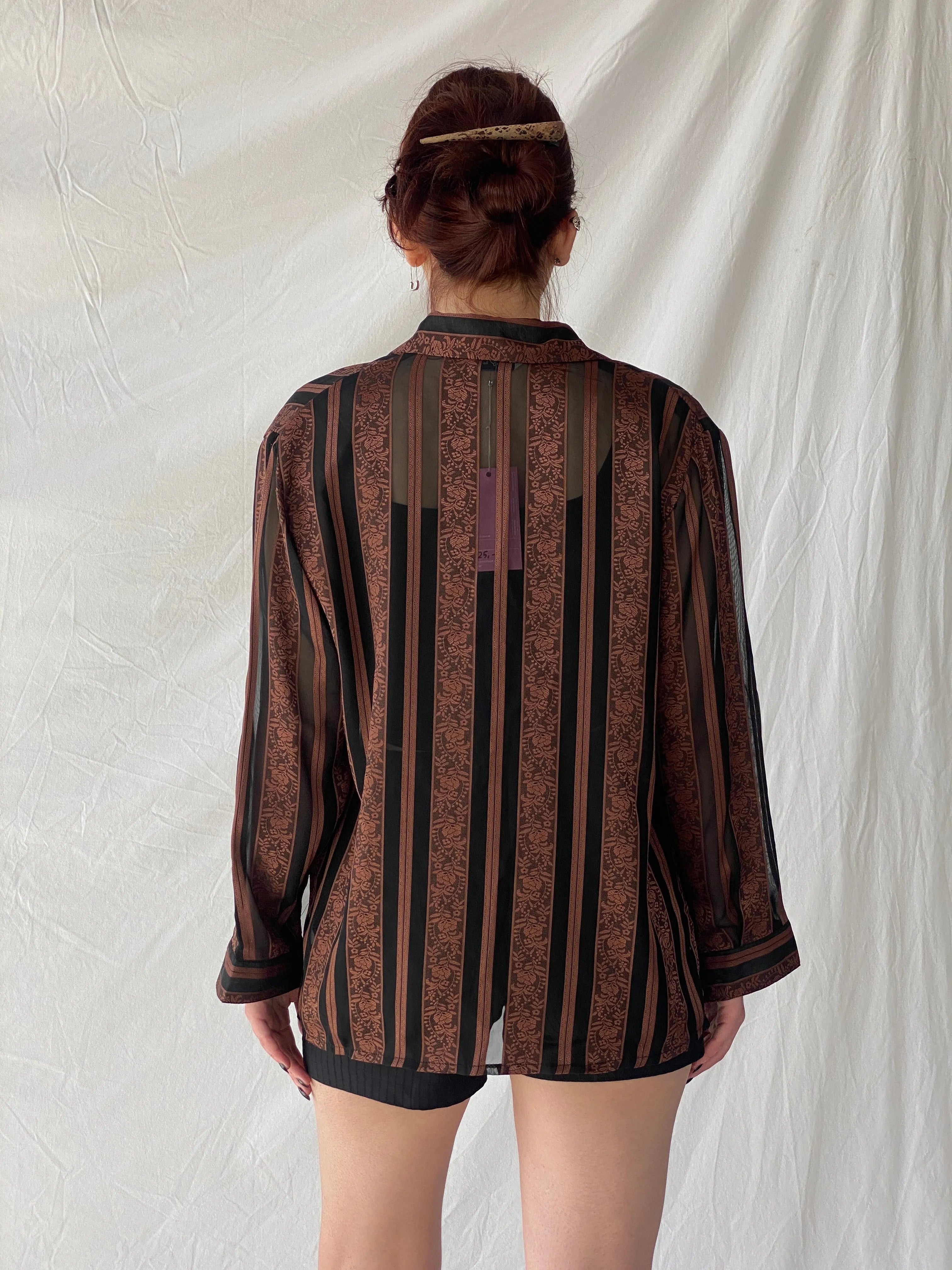 Vintage Noble Pretty Brown Floral Striped Sheer Long Sleeve Women’s Button Shirt - M - Balagan Vintage Full sleeve Shirt 00s, Ayah, consignment, floral shirt, full sleeve shirt, shirt, Tojan, Top, women shirt, women top