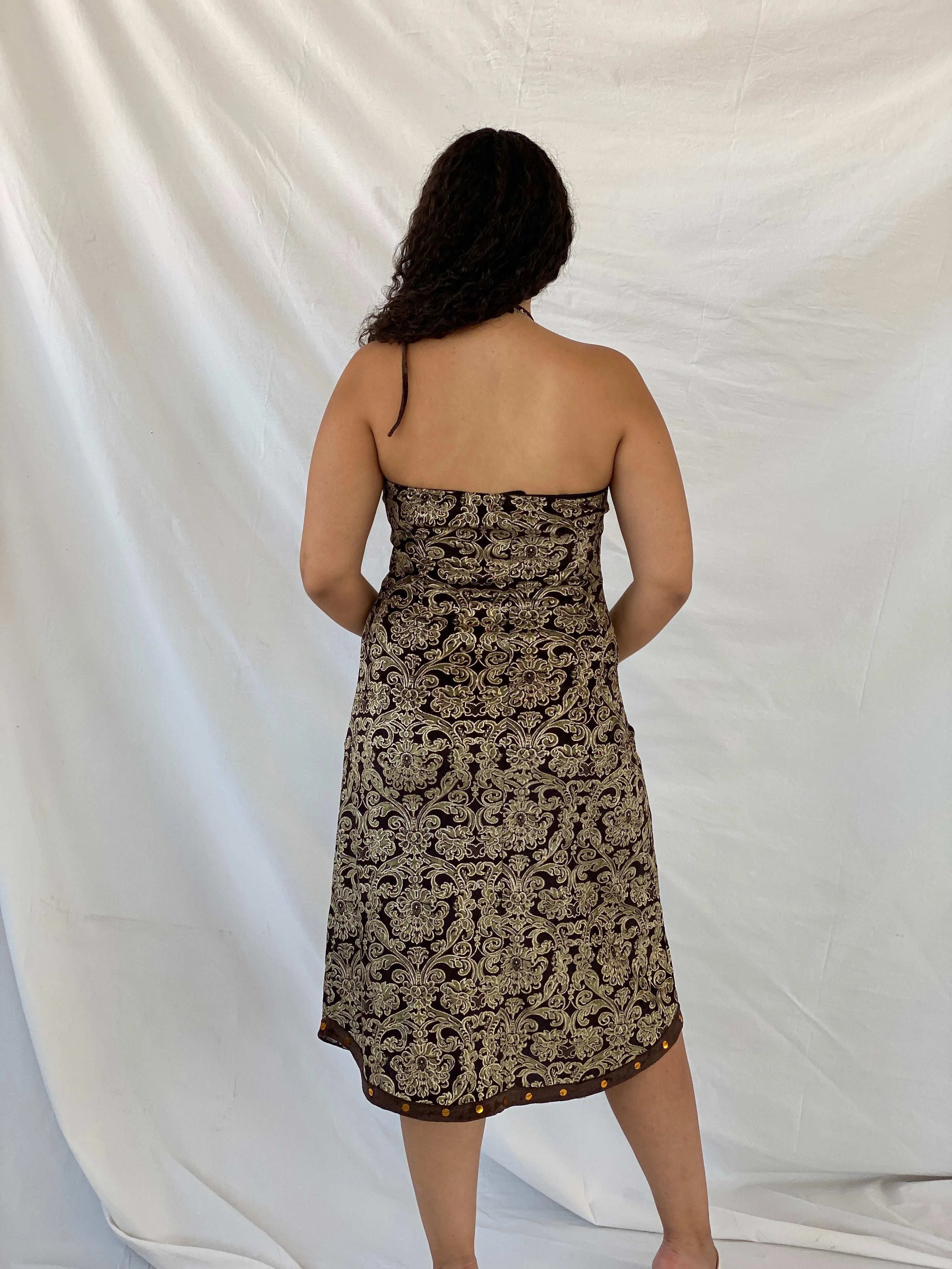 Vintage Nominal Brown & Gold Velvet Halter Midi Dress - M - Balagan Vintage Midi Dress Deals, Dina, midi dress, velvet dress