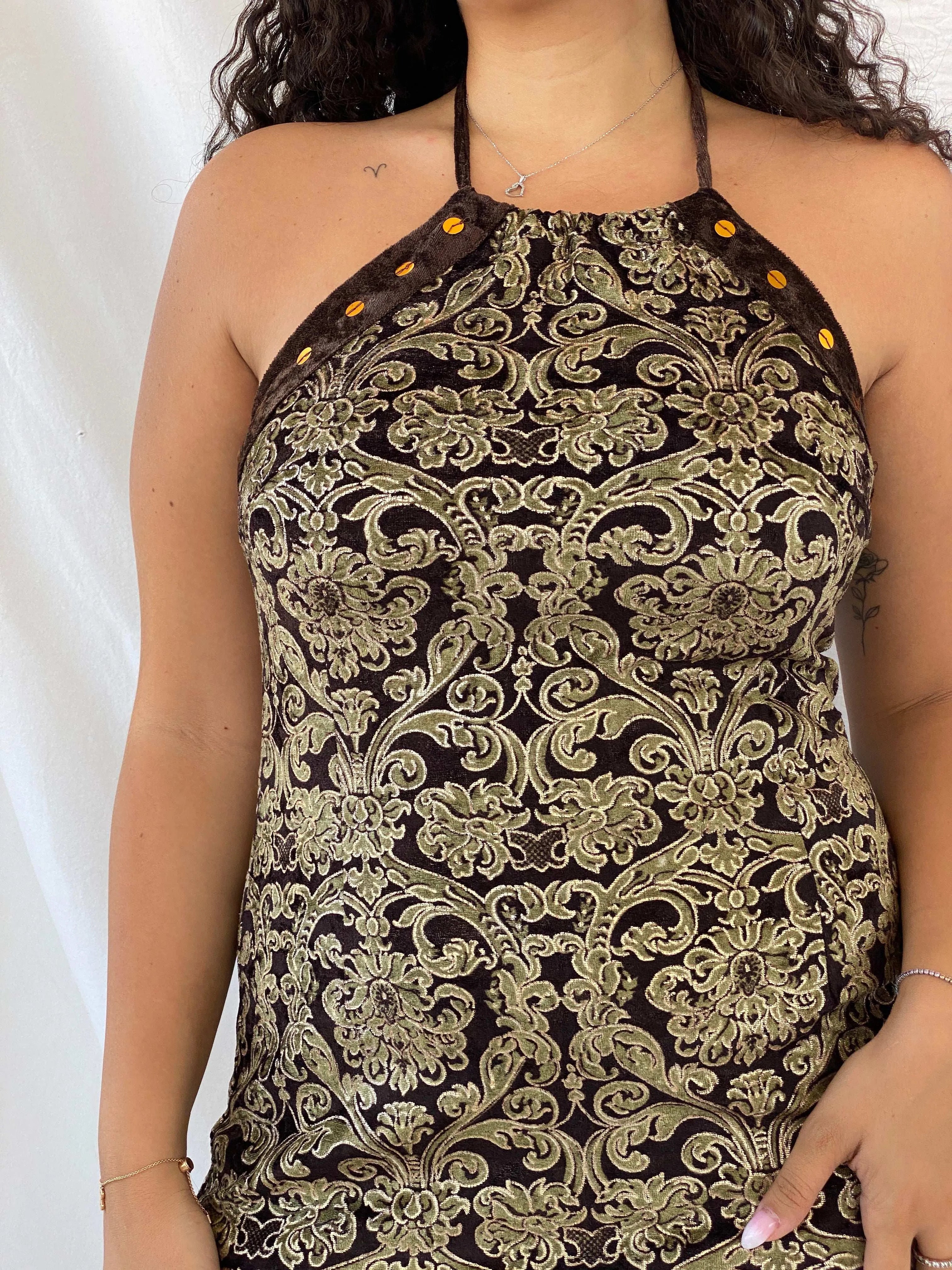 Vintage Nominal Brown & Gold Velvet Halter Midi Dress - M - Balagan Vintage Midi Dress Deals, Dina, midi dress, velvet dress
