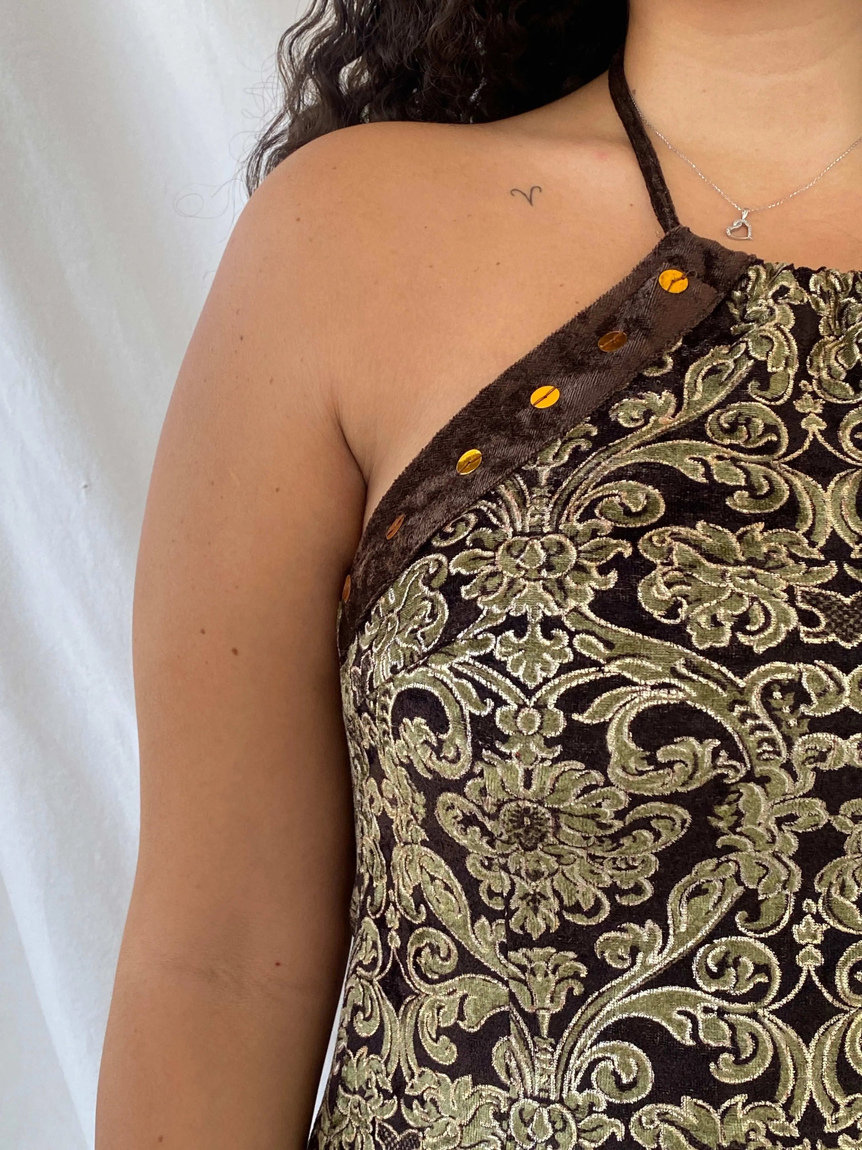 Vintage Nominal Brown & Gold Velvet Halter Midi Dress - M - Balagan Vintage Midi Dress Deals, Dina, midi dress, velvet dress
