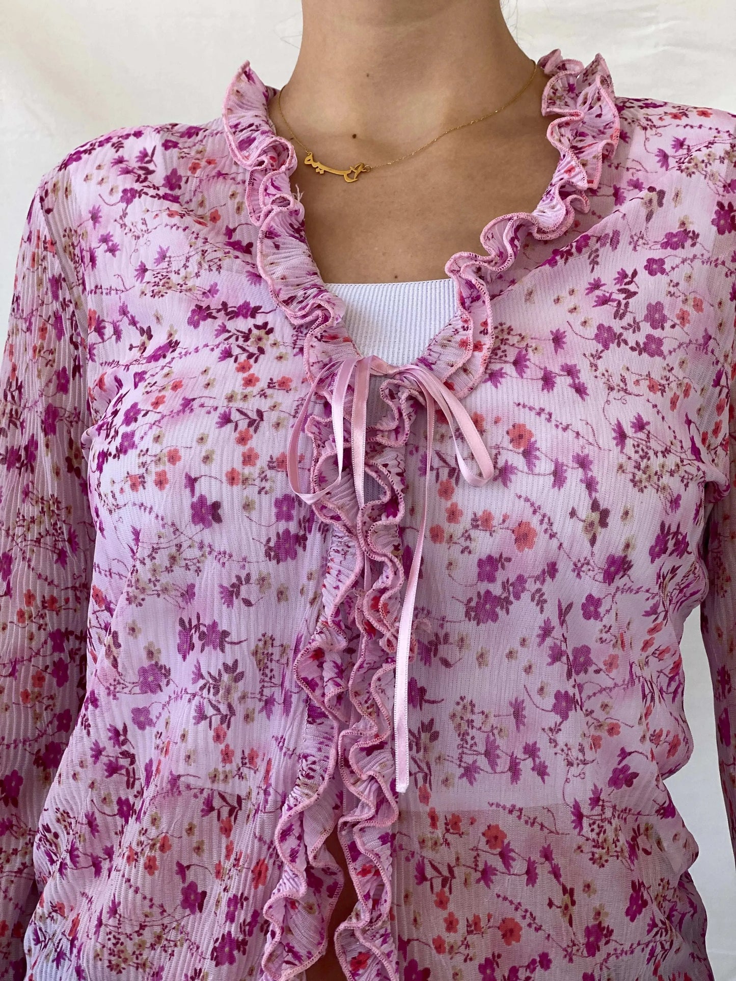 Vintage OCCO Paris Sheer Floral Tie Front Ruffled Cardigan - M - Balagan Vintage Full Sleeve Top 90s, cardigan, Deals, floral, floral mesh, full sleeve shirt, Mira, winter