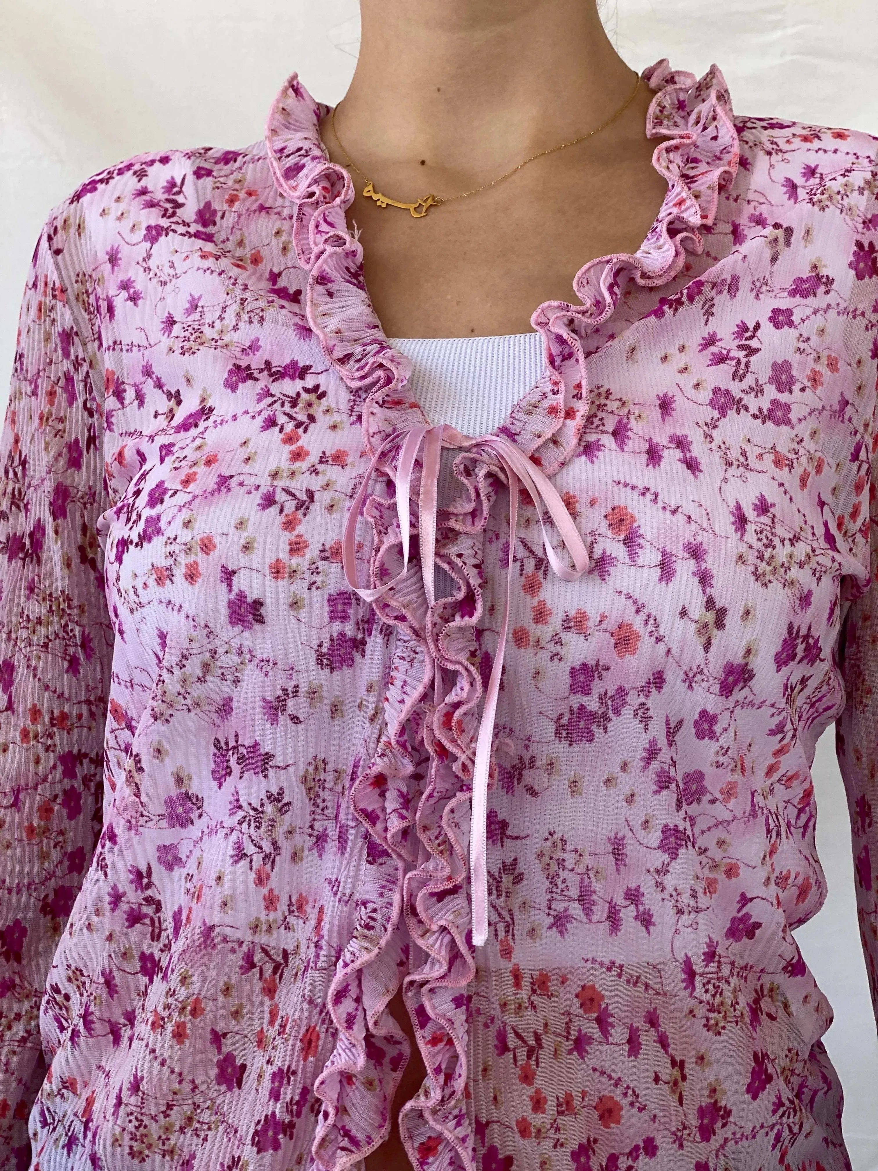 Vintage OCCO Paris Sheer Floral Tie Front Ruffled Cardigan - M - Balagan Vintage Full Sleeve Top 90s, cardigan, Deals, floral, floral mesh, full sleeve shirt, Mira, winter