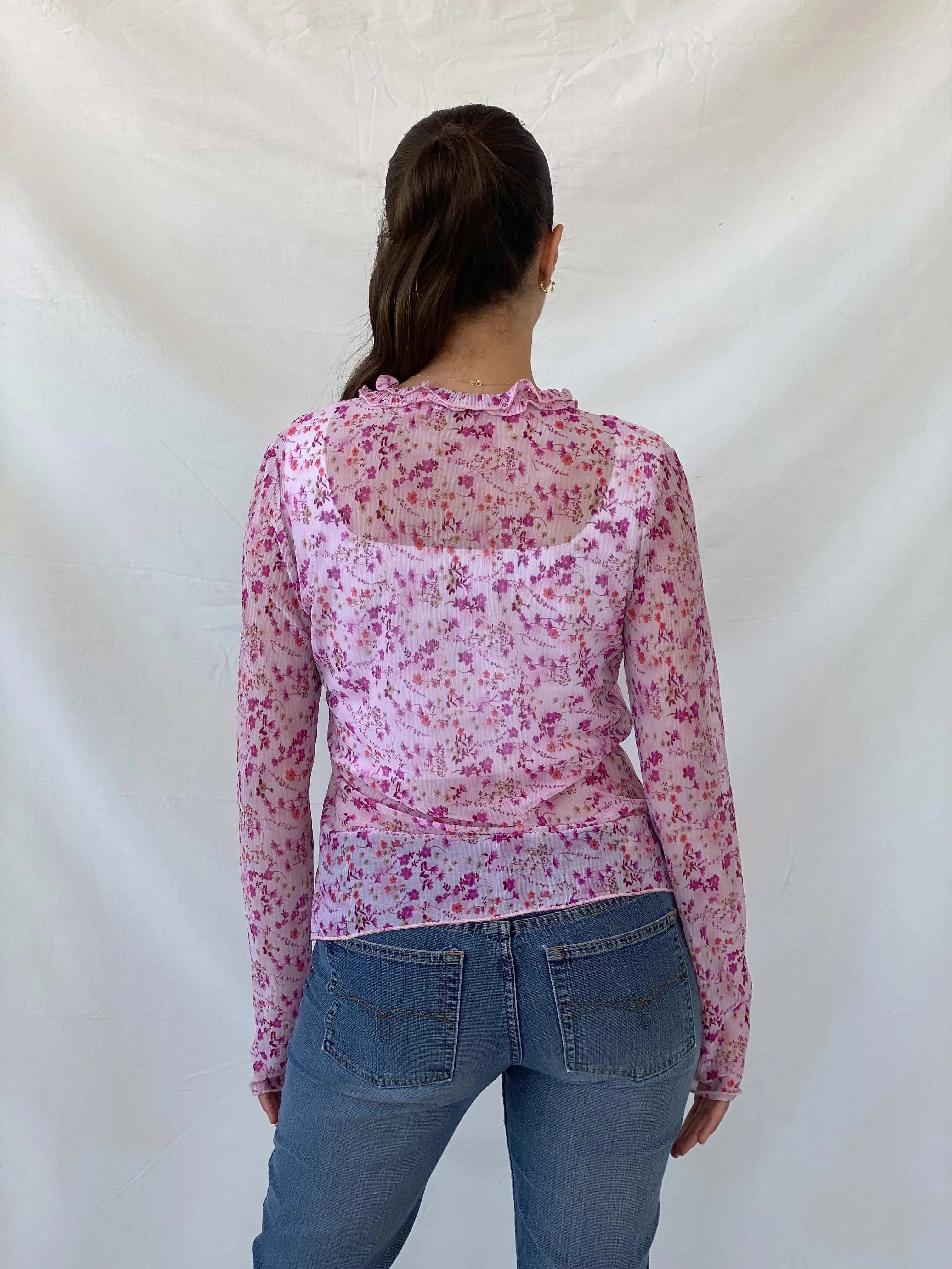 Vintage OCCO Paris Sheer Floral Tie Front Ruffled Cardigan - M - Balagan Vintage Full Sleeve Top 90s, cardigan, Deals, floral, floral mesh, full sleeve shirt, Mira, winter