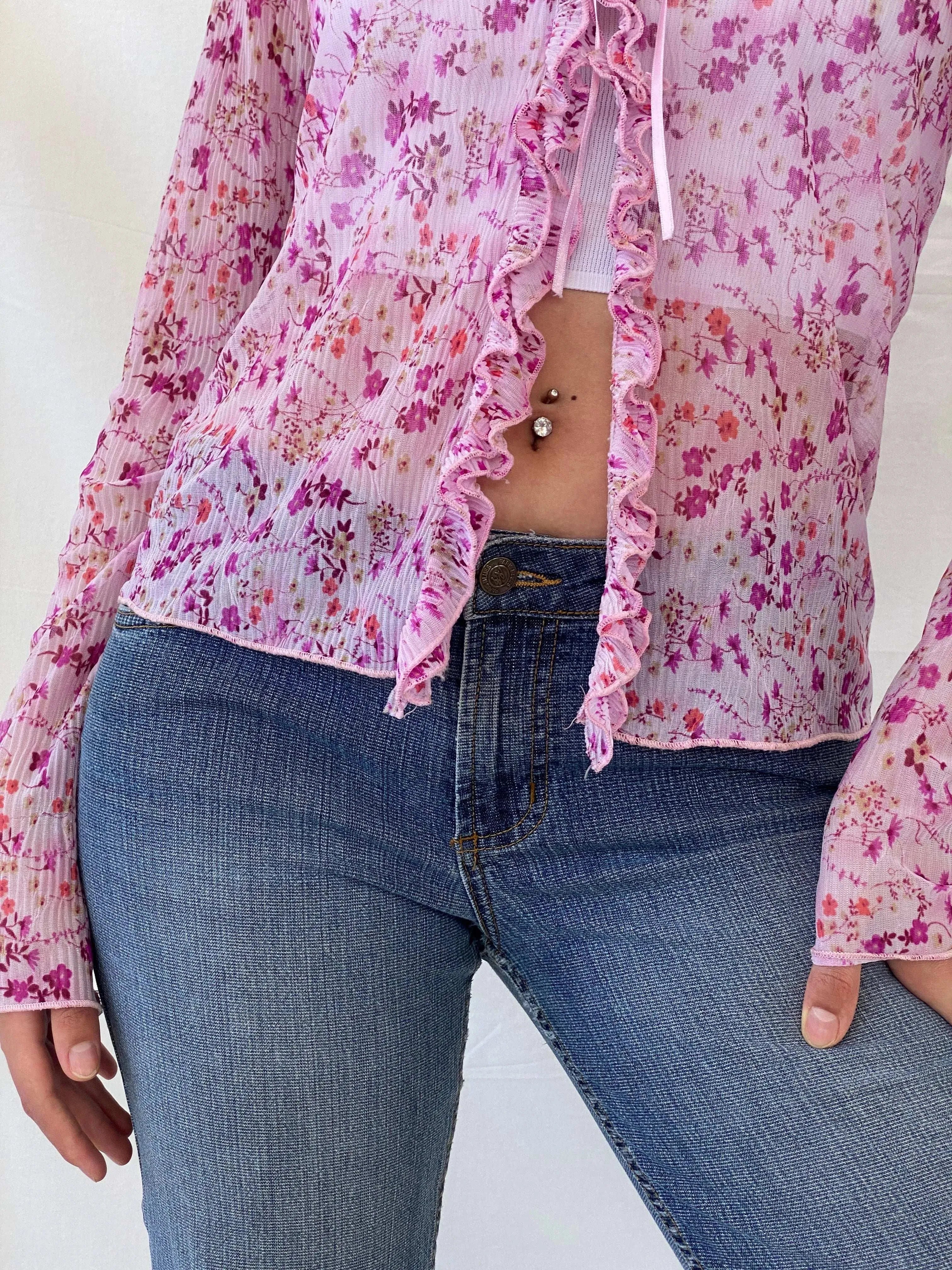 Vintage OCCO Paris Sheer Floral Tie Front Ruffled Cardigan - M - Balagan Vintage Full Sleeve Top 90s, cardigan, Deals, floral, floral mesh, full sleeve shirt, Mira, winter