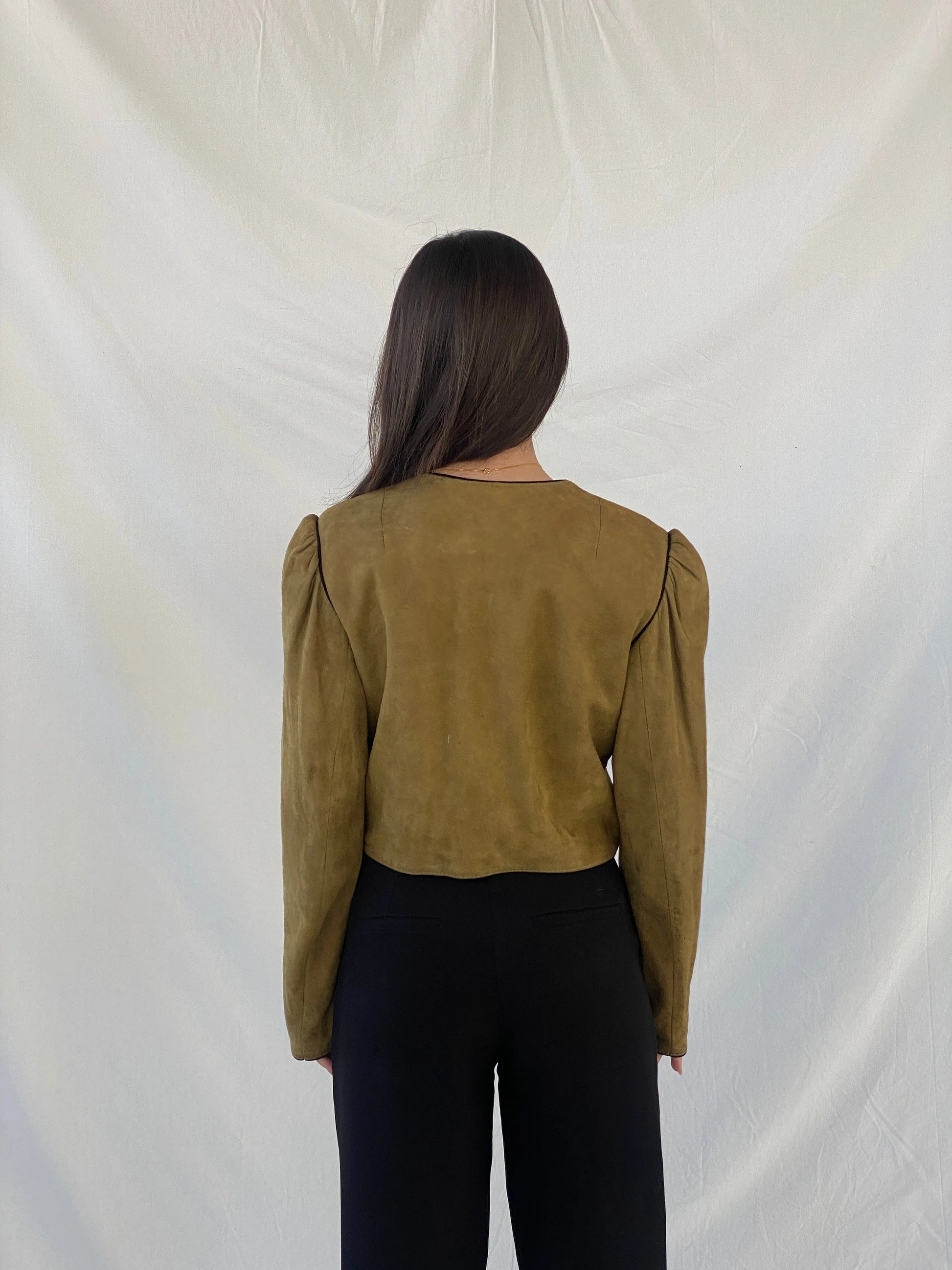 Vintage Olive Green Suede Trachten Buttoned Blazer Jacket - M - Balagan Vintage Leather Jacket 90s, Christine, Coats&Jackets, genuine leather, genuine leather jacket, leather blazer, leather jacket, winter, Women's Leather Jackets