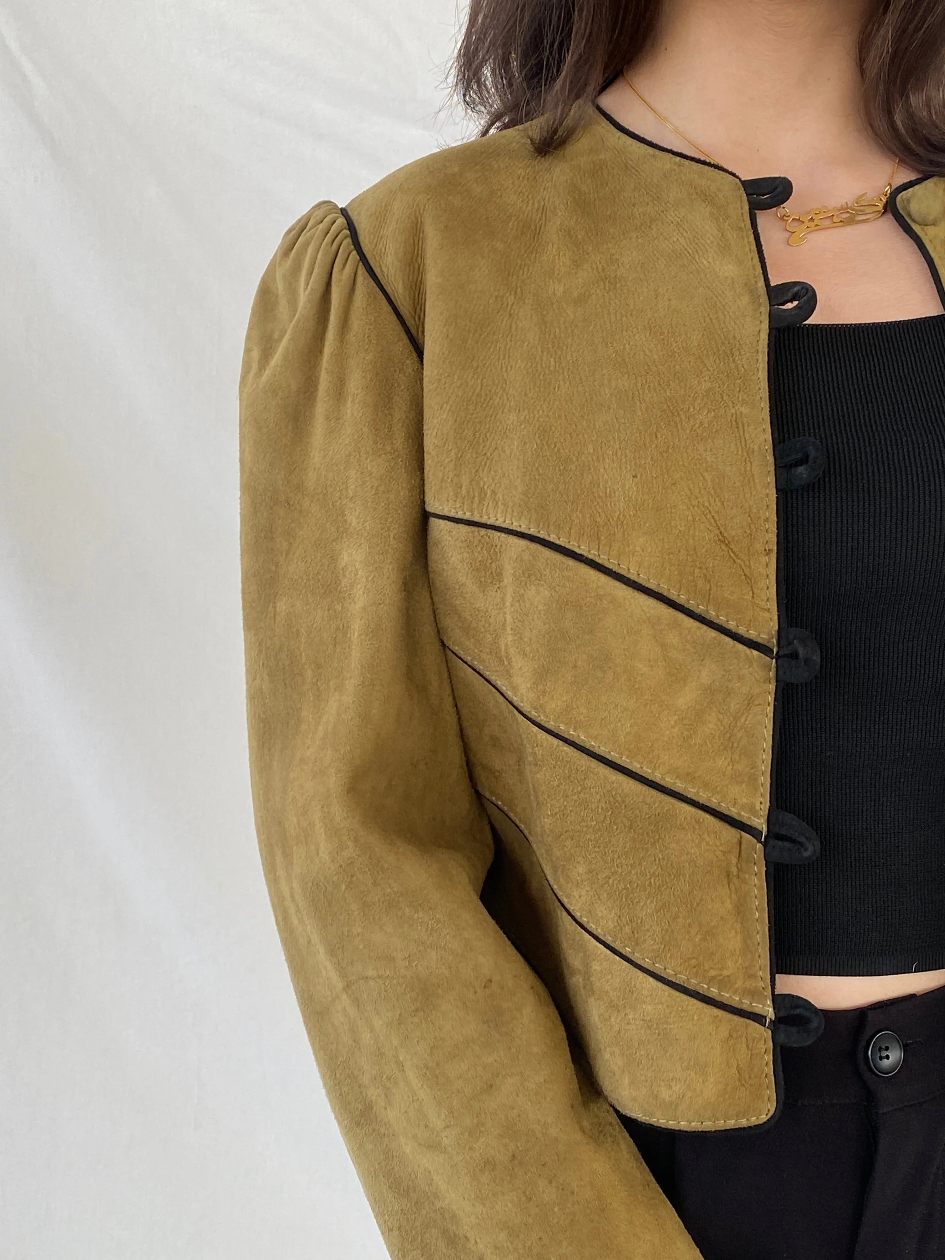 Vintage Olive Green Suede Trachten Buttoned Blazer Jacket - M - Balagan Vintage Leather Jacket 90s, Christine, Coats&Jackets, genuine leather, genuine leather jacket, leather blazer, leather jacket, winter, Women's Leather Jackets
