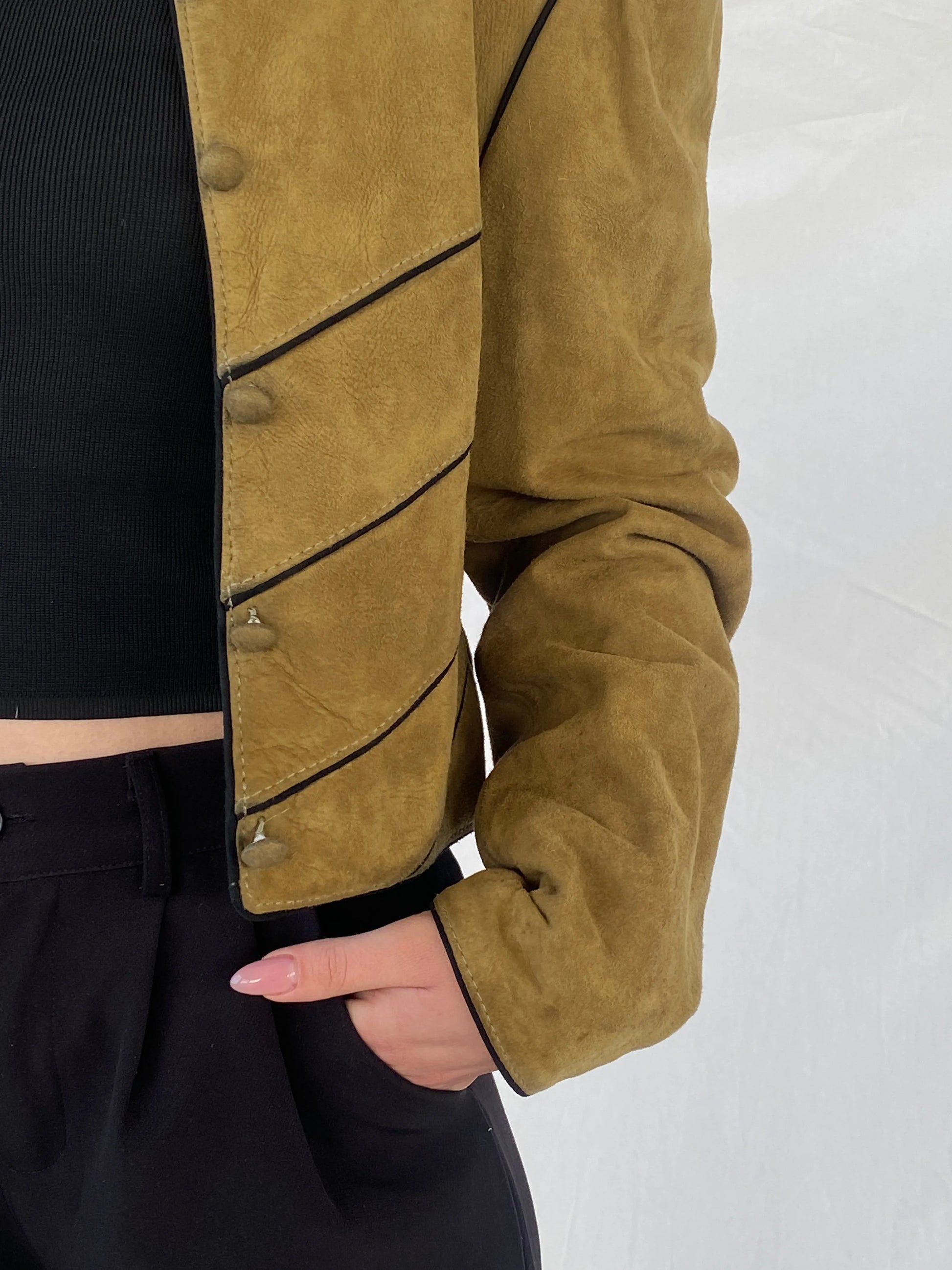 Vintage Olive Green Suede Trachten Buttoned Blazer Jacket - M - Balagan Vintage Leather Jacket 90s, Christine, Coats&Jackets, genuine leather, genuine leather jacket, leather blazer, leather jacket, winter, Women's Leather Jackets