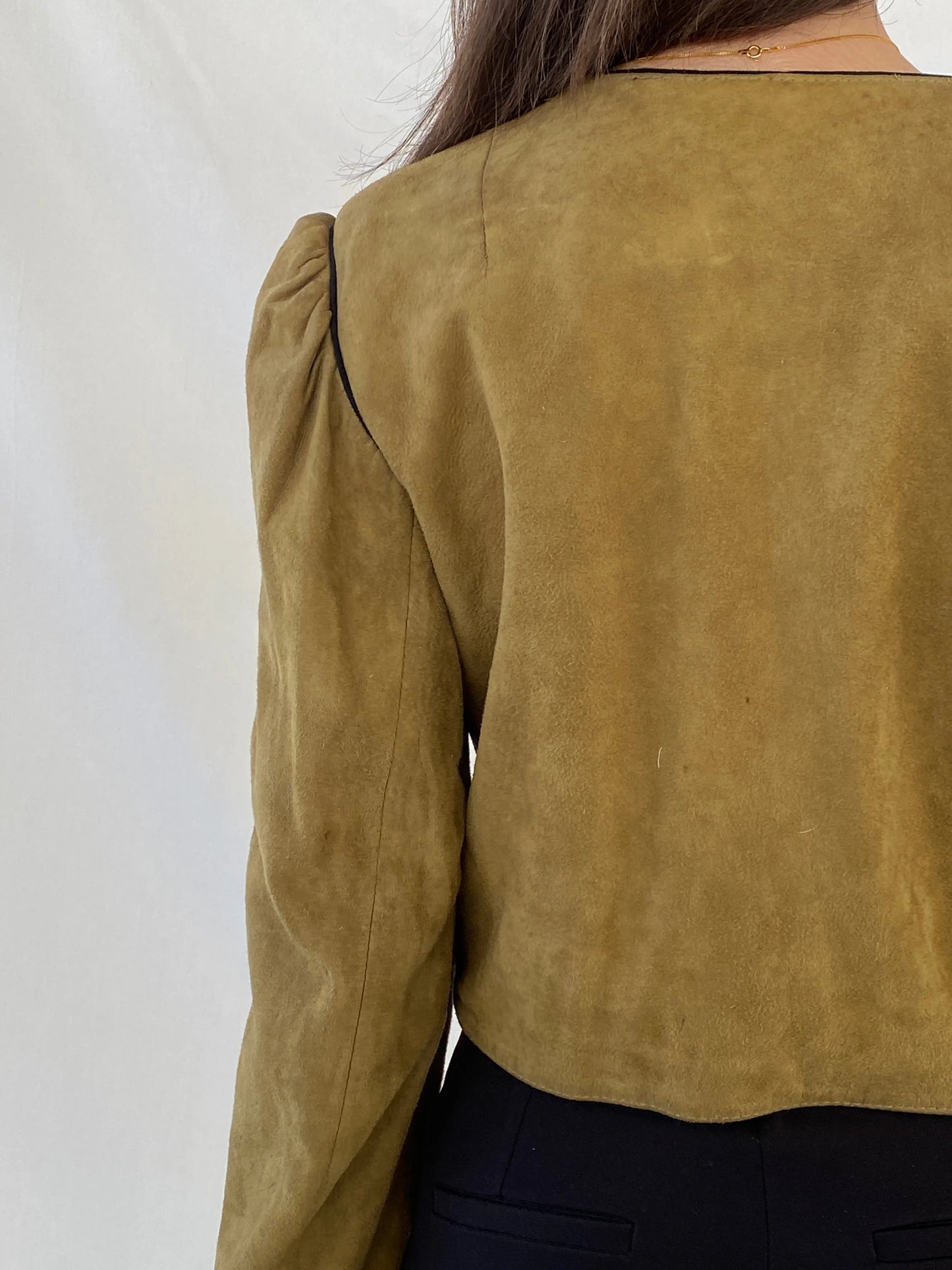 Vintage Olive Green Suede Trachten Buttoned Blazer Jacket - M - Balagan Vintage Leather Jacket 90s, Christine, Coats&Jackets, genuine leather, genuine leather jacket, leather blazer, leather jacket, winter, Women's Leather Jackets