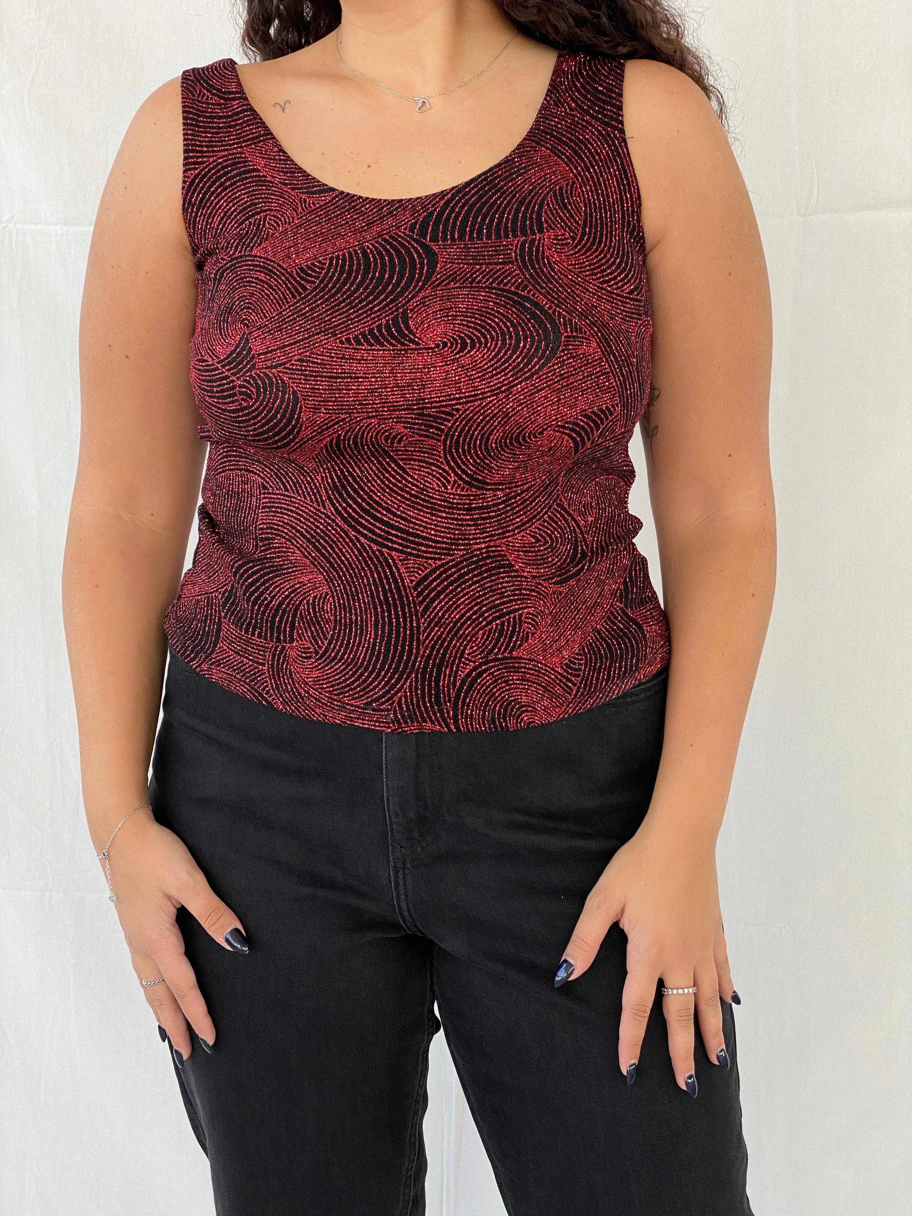 Vintage ONYX Nite Shimmery Red Groovy Sleeveless Party Top - M - Balagan Vintage Sleeveless Top 00s, 90s, Dina, groovy, mesh