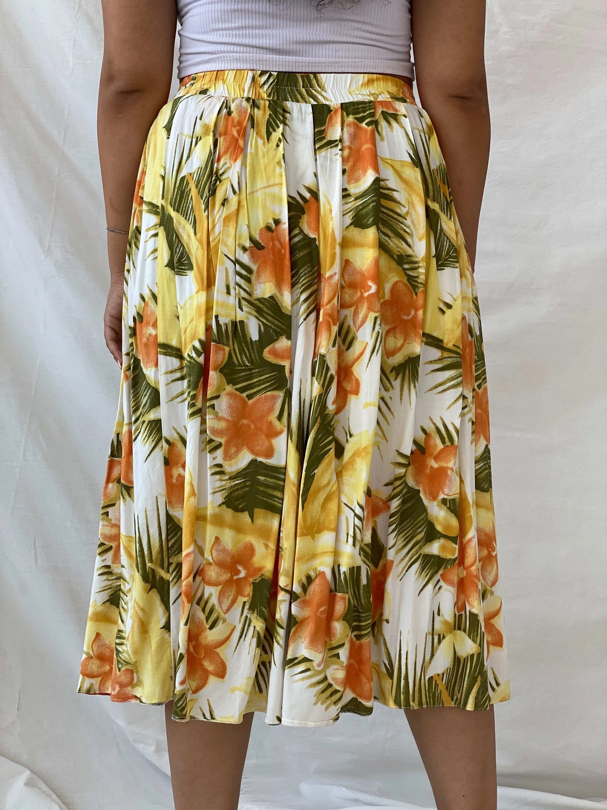 Vintage Orange & Yellow Tropical Print Midi Skirt - L - Balagan Vintage Midi Skirt 00s, 90s, Deals, Dina, floral skirt, midi skirt, women skirt