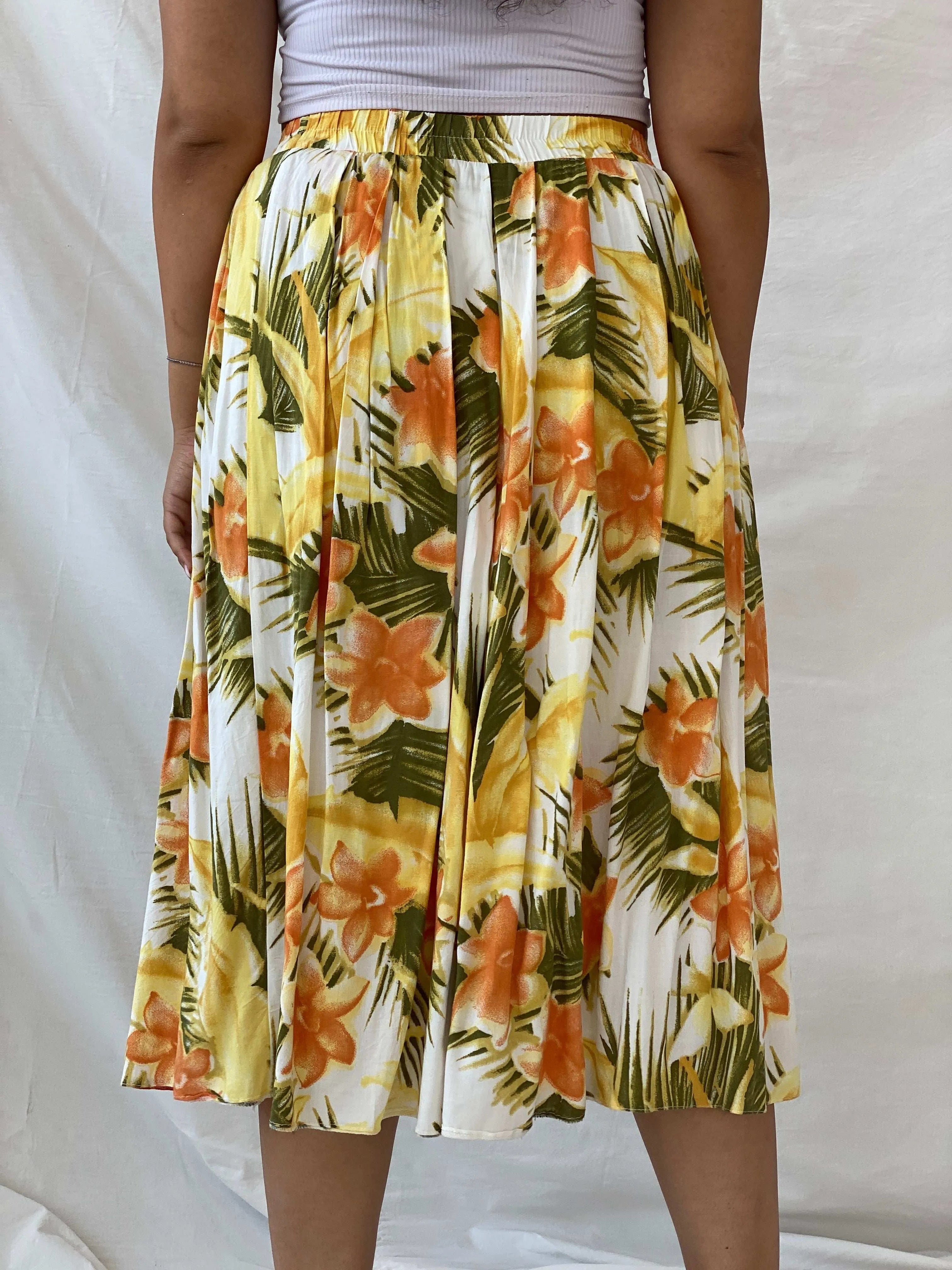 Vintage Orange & Yellow Tropical Print Midi Skirt - L - Balagan Vintage Midi Skirt 00s, 90s, Deals, Dina, floral skirt, midi skirt, women skirt