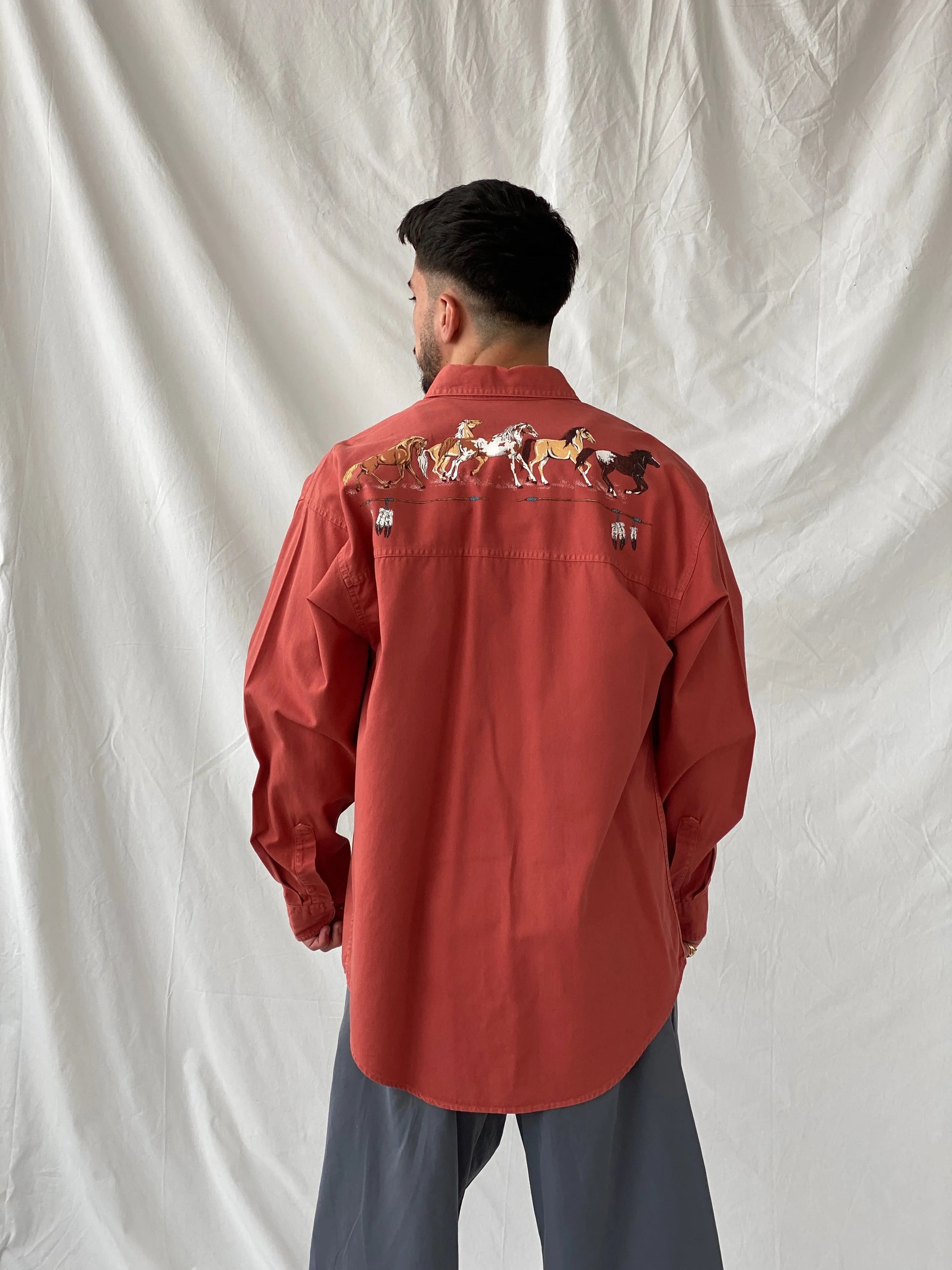 Vintage Orange Men’s Hand Painted Western Cowboy Long Sleeve Cotton Shirt - L - Balagan Vintage Full Sleeve Shirt cotton shirt, cowboy, full sleeve shirt, Hamza, handmade, mens shirt, shirt