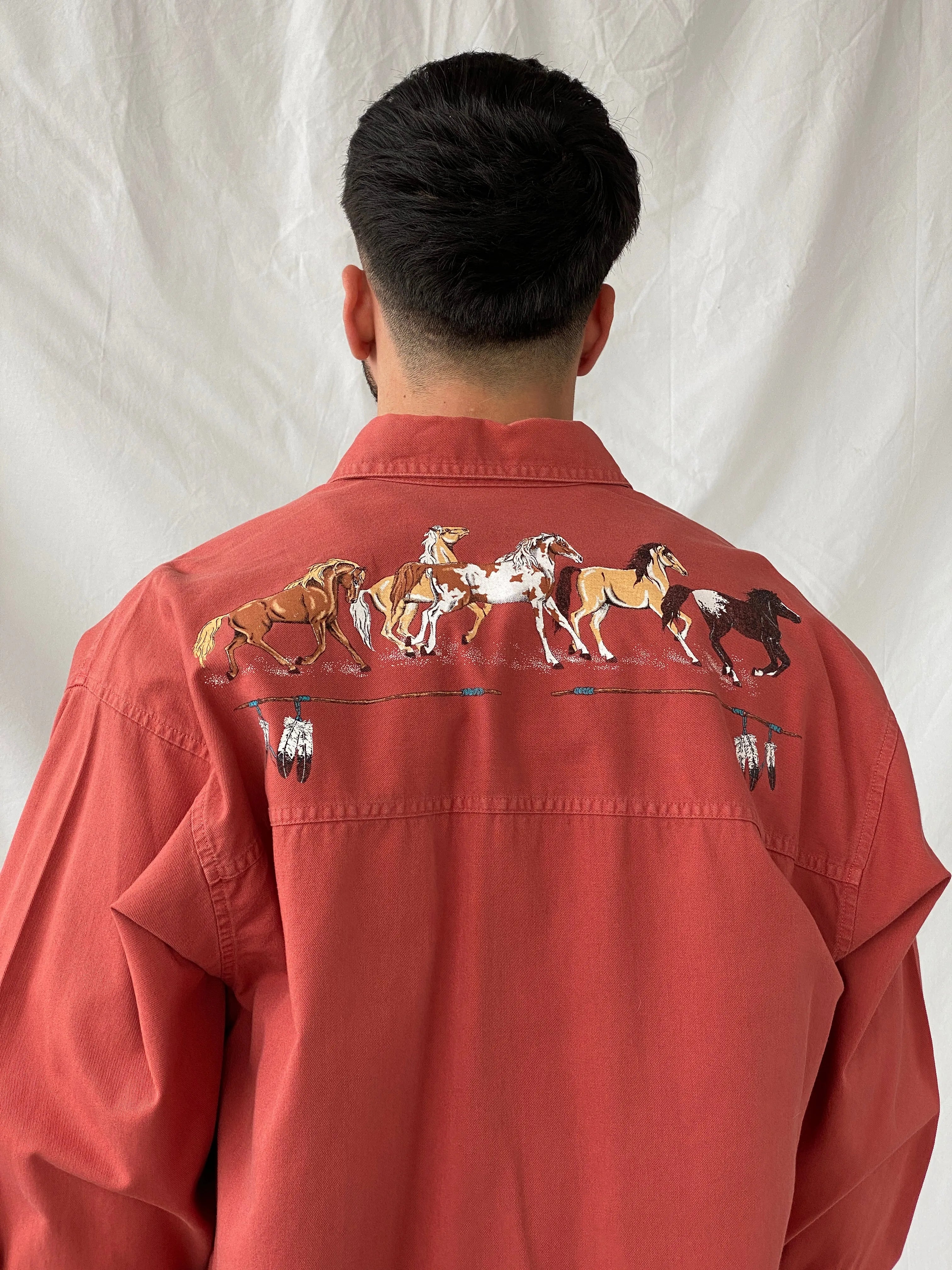 Vintage Orange Men’s Hand Painted Western Cowboy Long Sleeve Cotton Shirt - L - Balagan Vintage Full Sleeve Shirt cotton shirt, cowboy, full sleeve shirt, Hamza, handmade, mens shirt, shirt