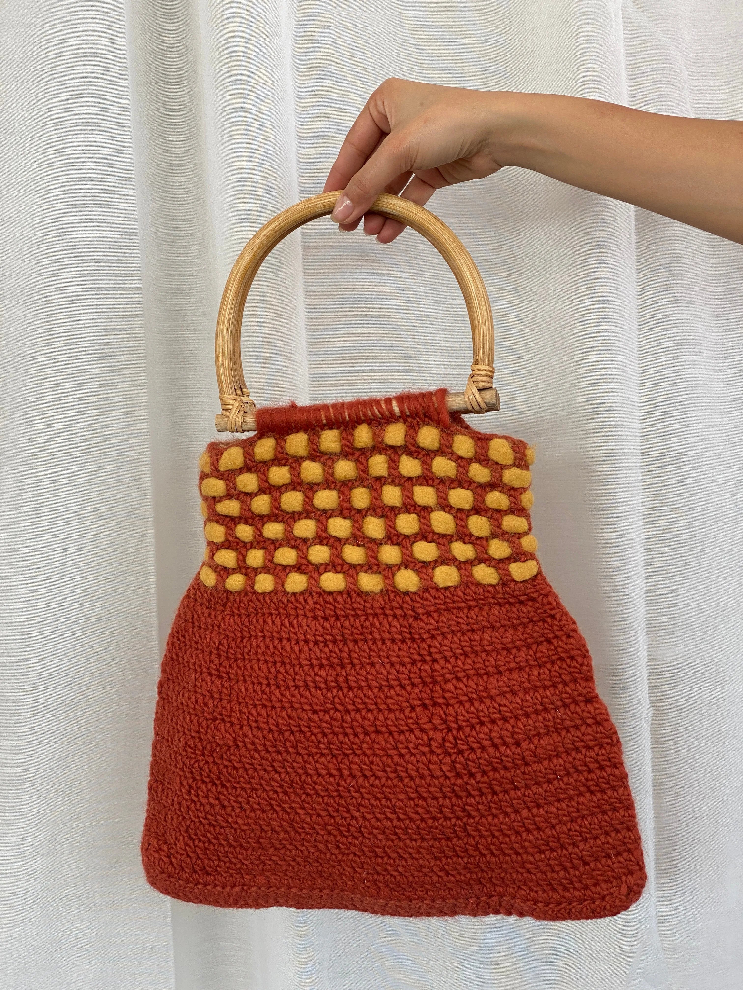 Vintage Orange Wool Crochet Wooden Handle Woven Beach Handbag - Balagan Vintage Handbags 00s, bag, crochet, handbag, shoulder bag