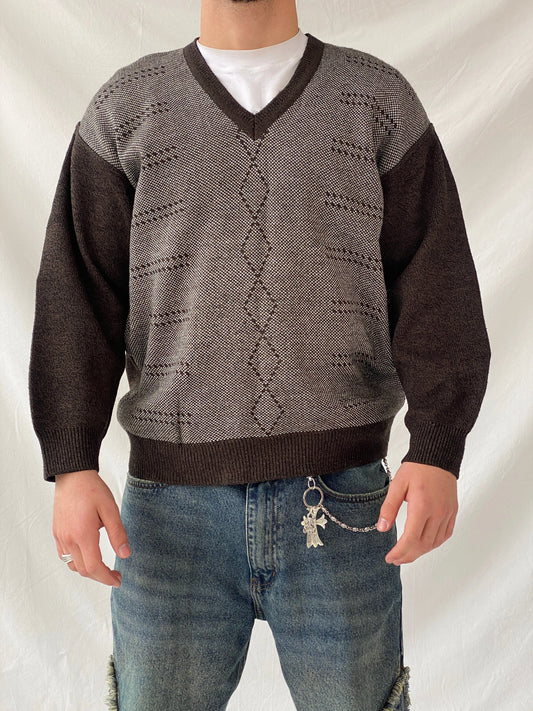 Vintage ÖzSalih Collection Brown Jumper V-Neck Knitted Sweater - M - Balagan Vintage Sweater 90s, Hamza, knit, knitted, knitted sweater, men, streetwear, vintage, vintage sweater, winter