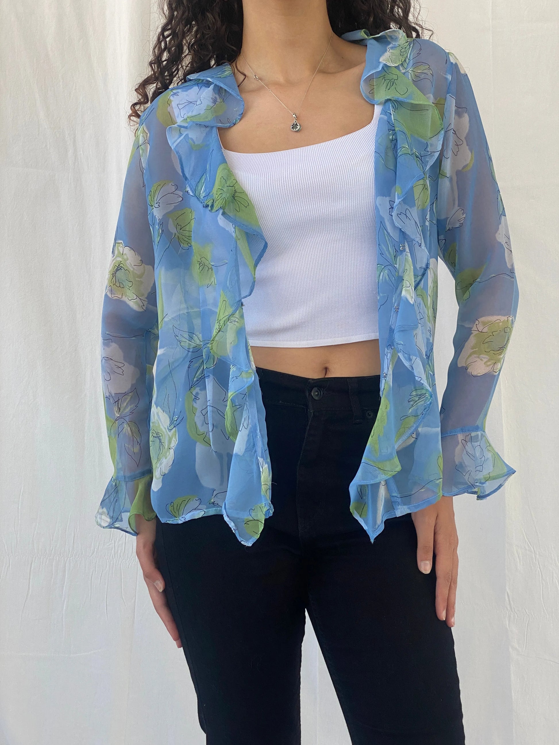 Vintage Penmaris Sheer Blue Floral Green Ruffled Trim Cardigan - M - Balagan Vintage Cardigan 00s, cardigan, Celine, floral, sheer, sheer shirt, women shirt