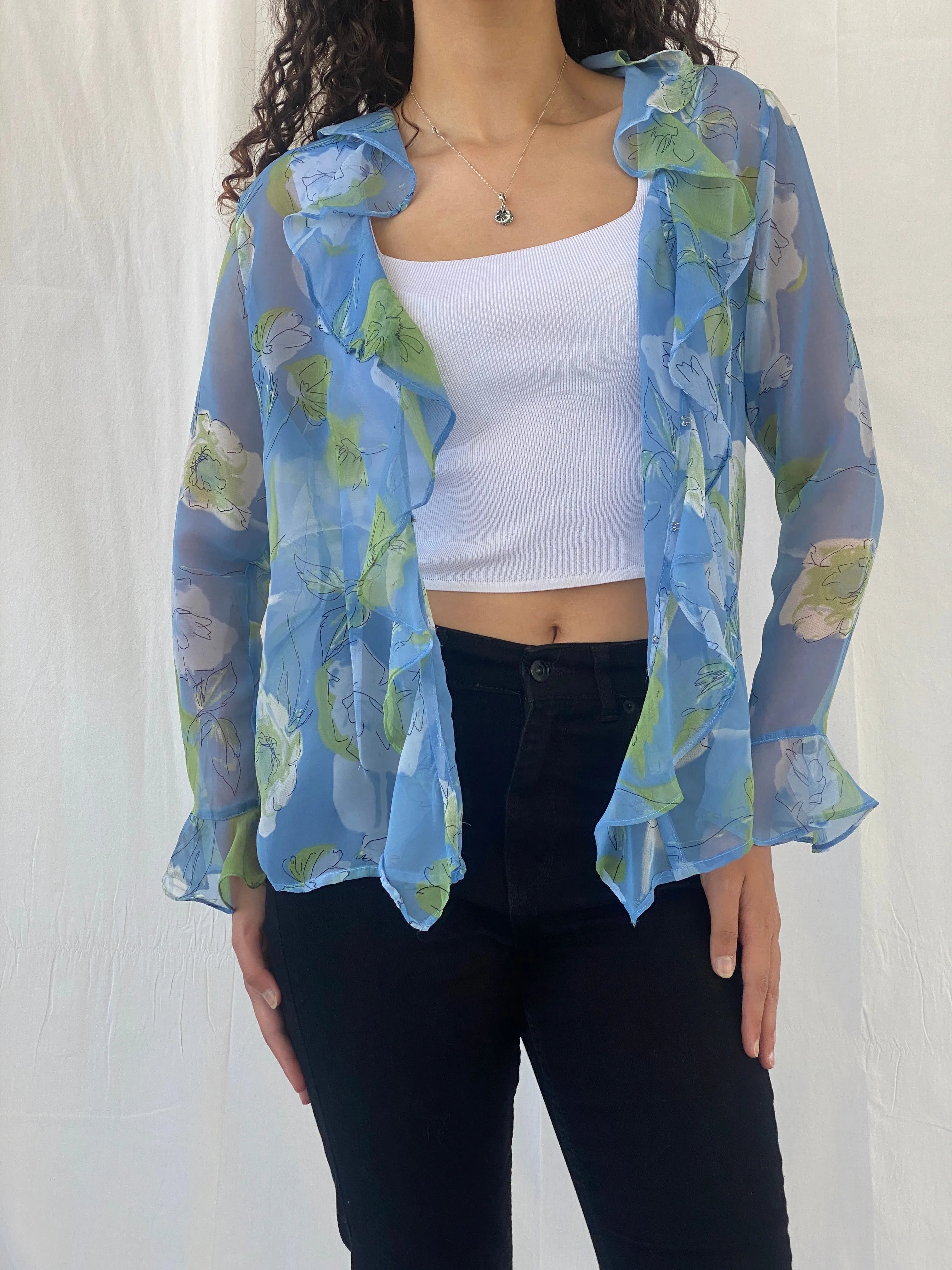 Vintage Penmaris Sheer Blue Floral Green Ruffled Trim Cardigan - M - Balagan Vintage Cardigan 00s, cardigan, Celine, floral, sheer, sheer shirt, women shirt