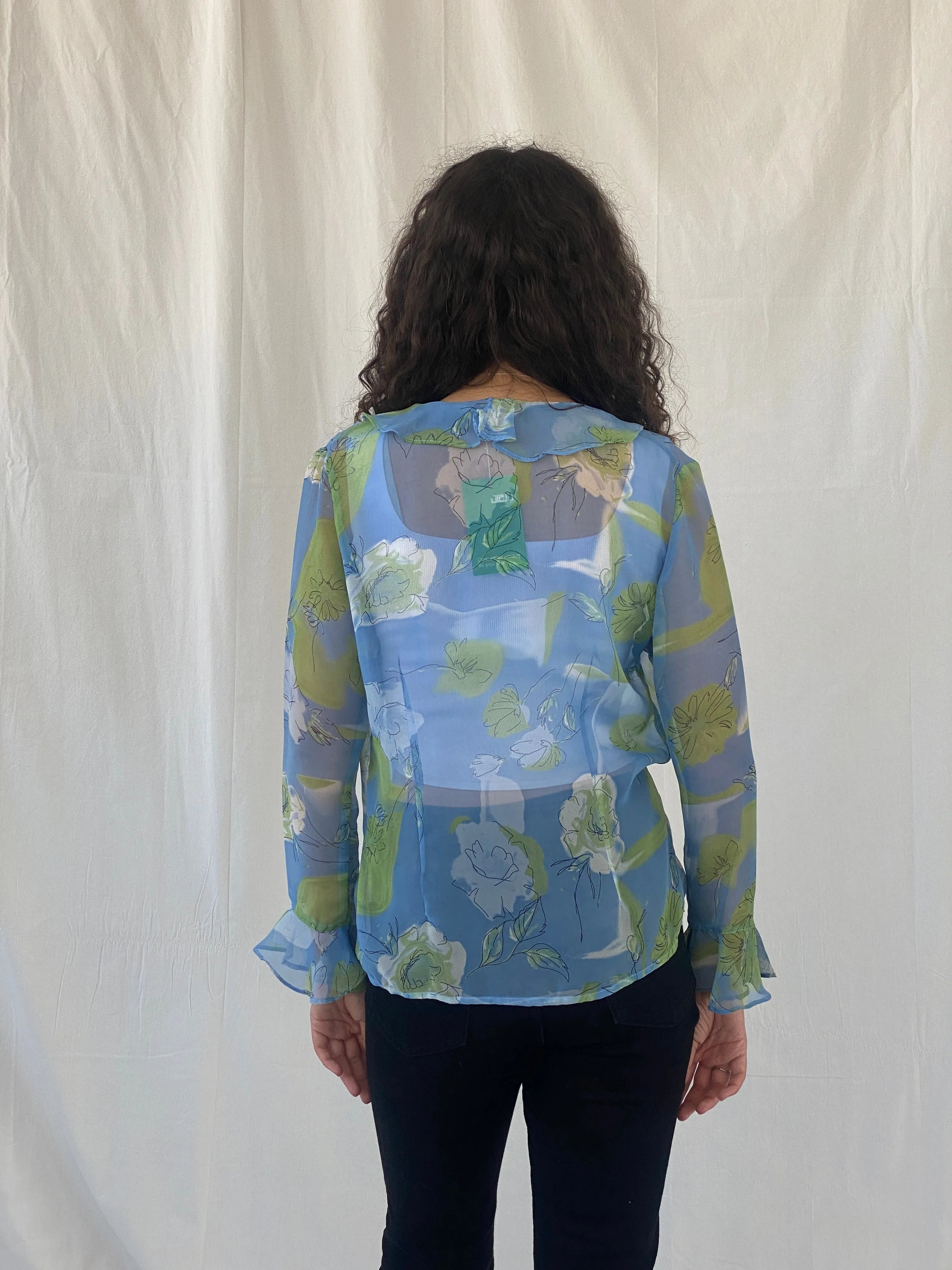 Vintage Penmaris Sheer Blue Floral Green Ruffled Trim Cardigan - M - Balagan Vintage Cardigan 00s, cardigan, Celine, floral, sheer, sheer shirt, women shirt
