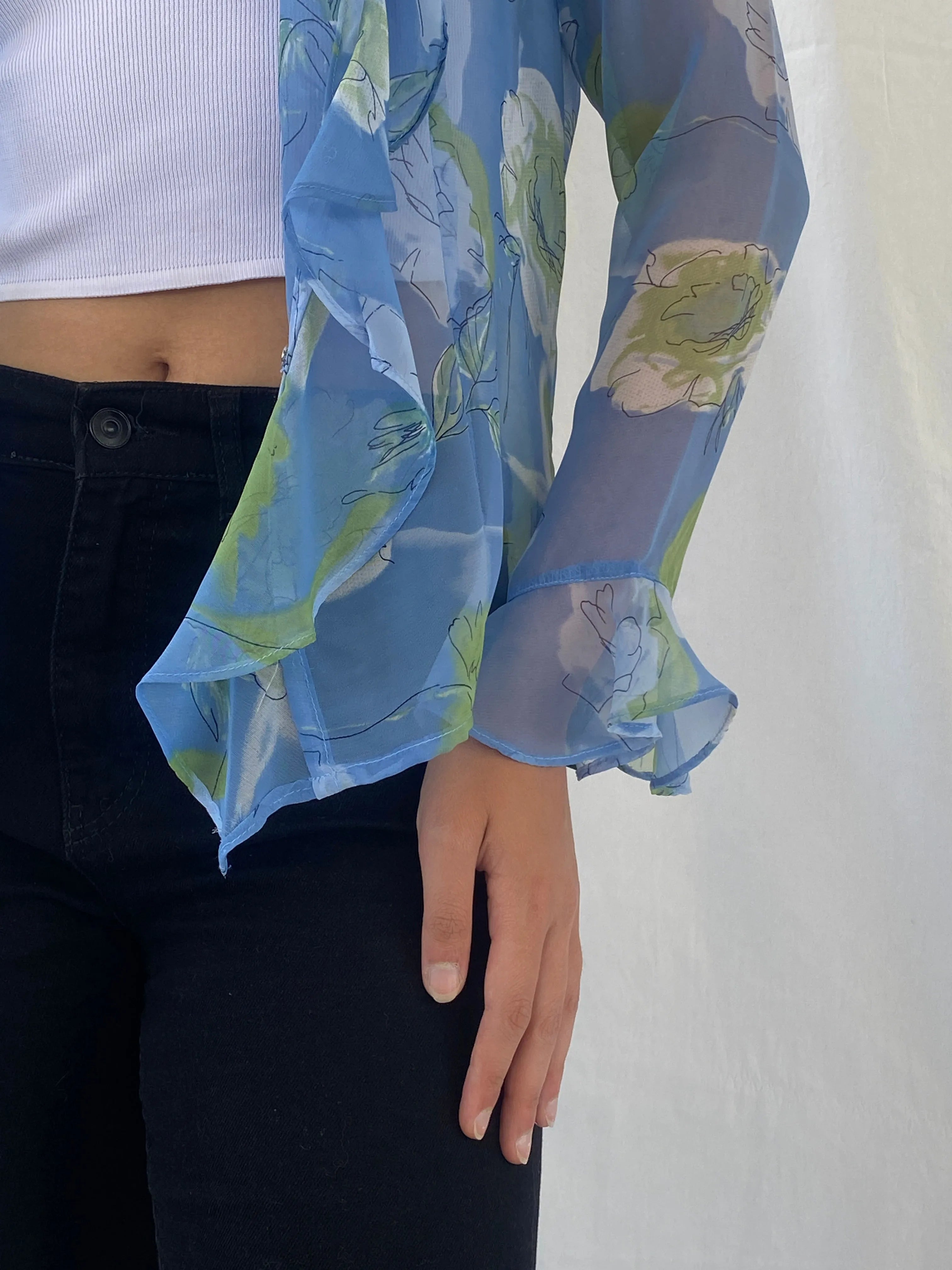 Vintage Penmaris Sheer Blue Floral Green Ruffled Trim Cardigan - M - Balagan Vintage Cardigan 00s, cardigan, Celine, floral, sheer, sheer shirt, women shirt