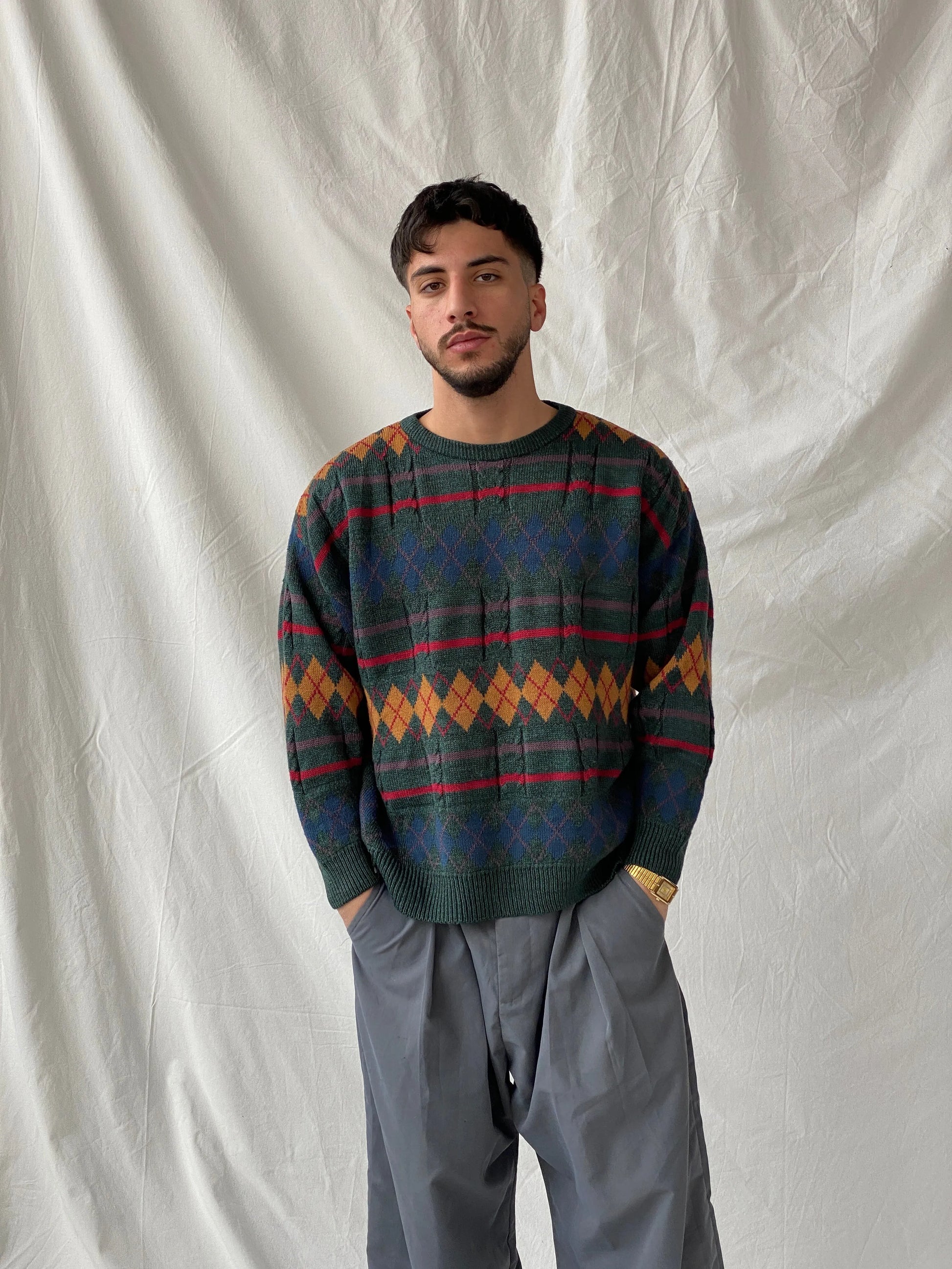 Vintage Peter Gribby Men’s Green Knitted Crew Neck Diamond Print Jumper Sweater - L - Balagan Vintage Sweater 90s, Hamza, knit, knitted, knitted sweater, men, streetwear, vintage, vintage sweater, winter