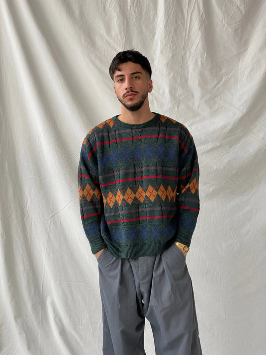 Vintage Peter Gribby Men’s Green Knitted Crew Neck Diamond Print Jumper Sweater - L - Balagan Vintage Sweater 90s, Hamza, knit, knitted, knitted sweater, men, streetwear, vintage, vintage sweater, winter